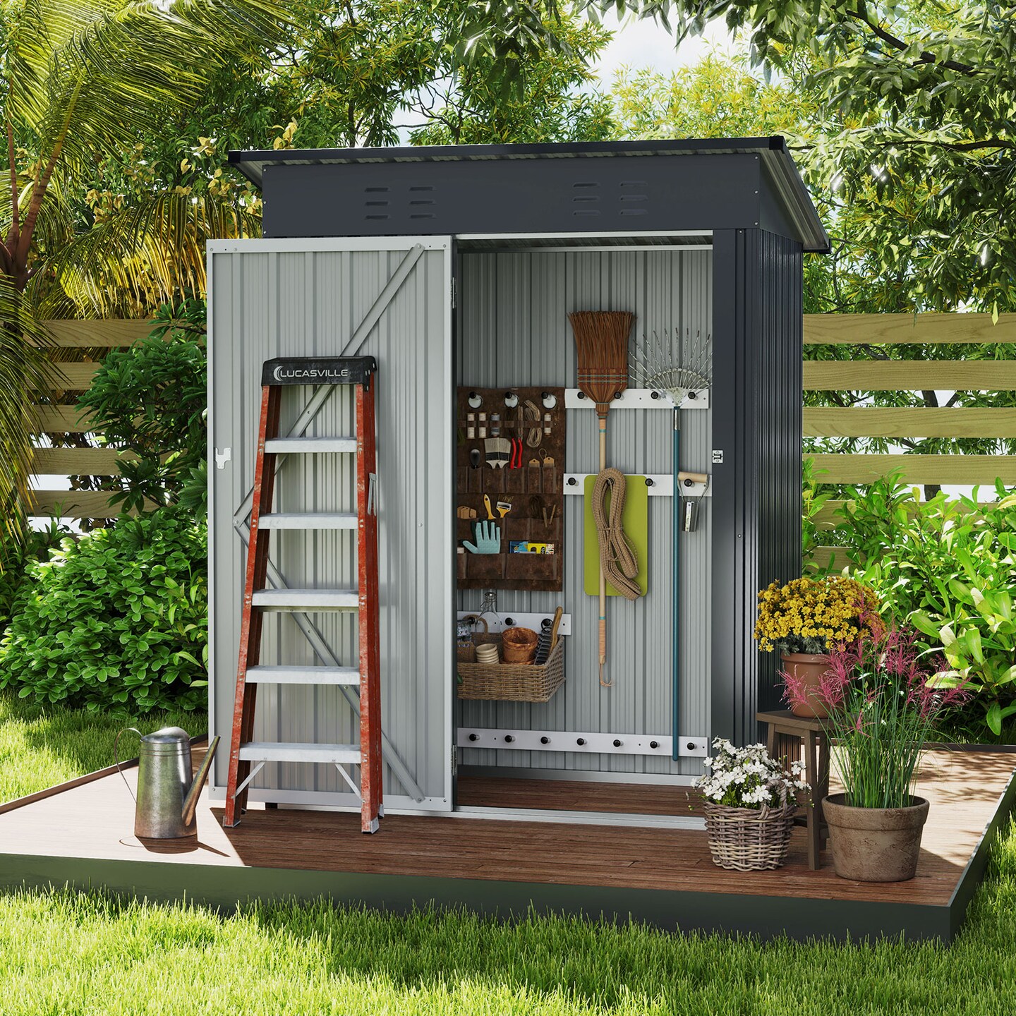 Grey Galvanized Metal Outdoor Storage Shed with Lockable Door, Vents, and Roof