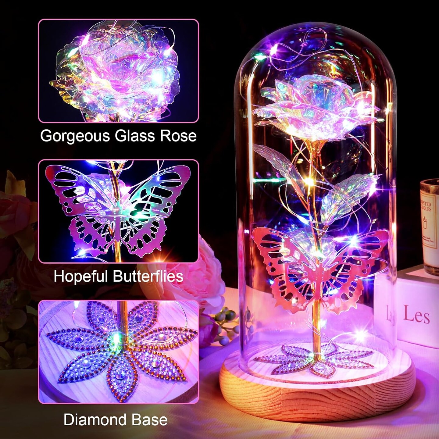 Rose Flower Gifts For Women Birthday Gifts For Girlfriend Wife Sister Daughter Friendship Light Up Glass Rose For Mon Best Friend Card Gift Aunt Grandma Christmas Anniversary Butterfly Decoration