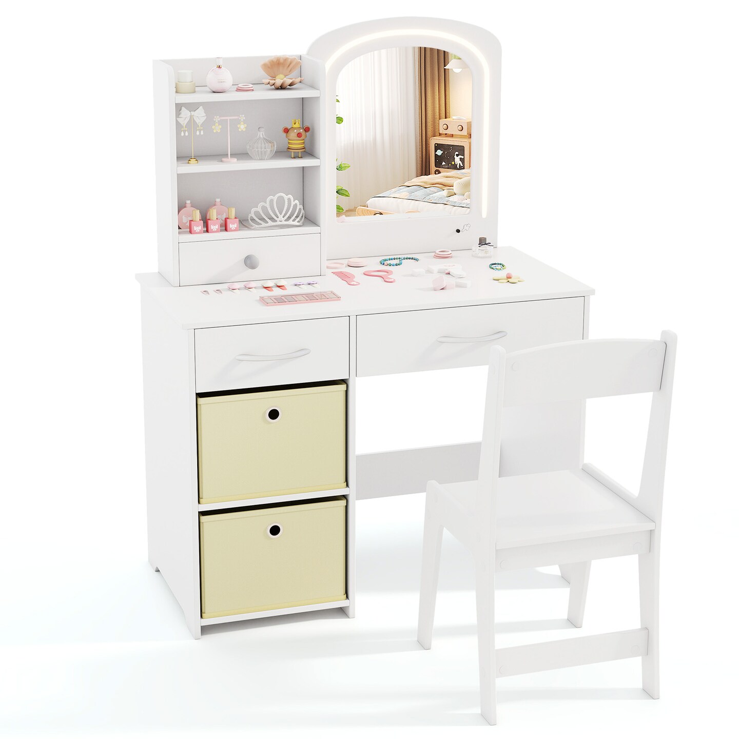 White MDF Kids Vanity Set with LED Mirror, Storage Drawers and Child-Safe Features