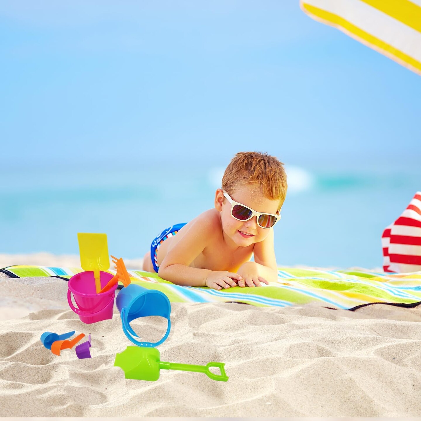Summer Sand Toys Mini Beach Playsets, Play Set Includes 1 Sand Bucket, 1 Shovel, 1 Rake, and 1 Scoop, Birthday Treats for Boys and Girls, Party Favors for Kids and Toddlers (6-Pack)