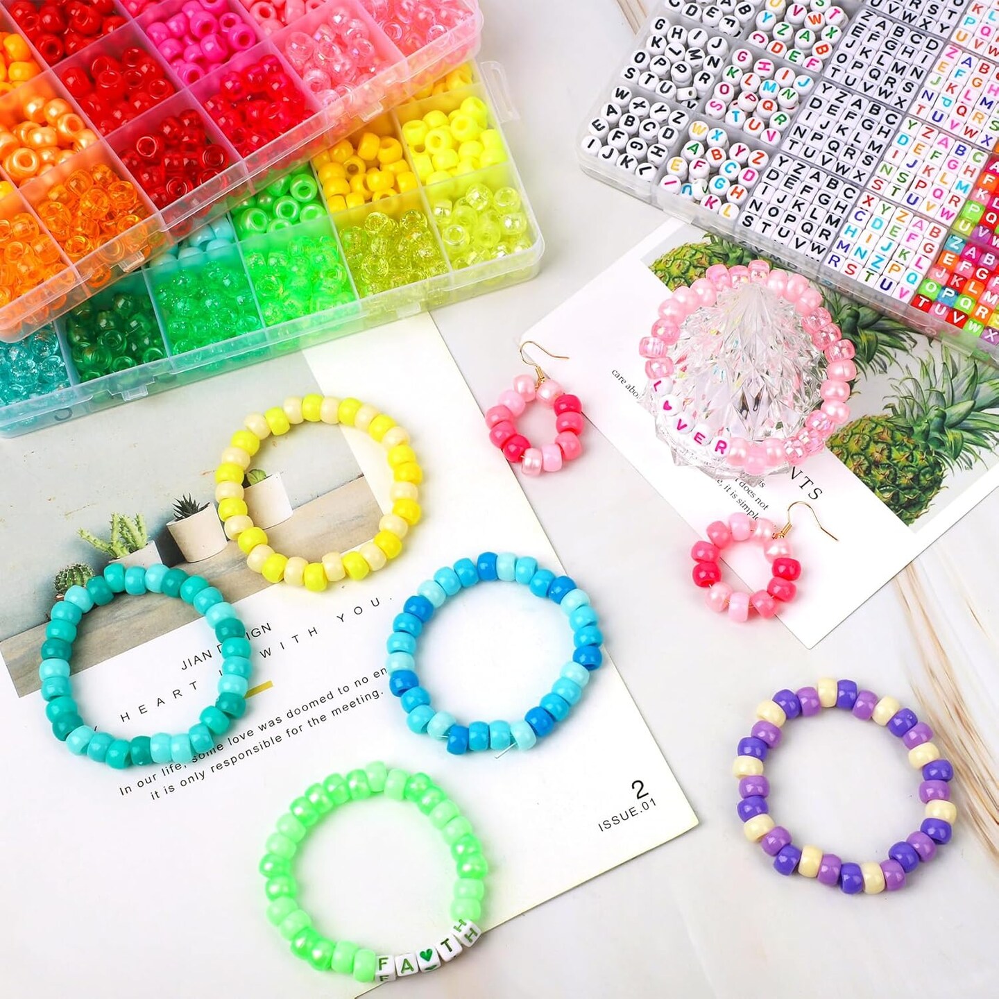 4022 Pcs Pony Beads for Friendship Bracelet Making Kit, 96 Colors 5 Boxes Friendship Bracelet Beads 6x9mm Rainbow Kandi Beads with 1000 Pcs Letter Beads for Jewelry Making