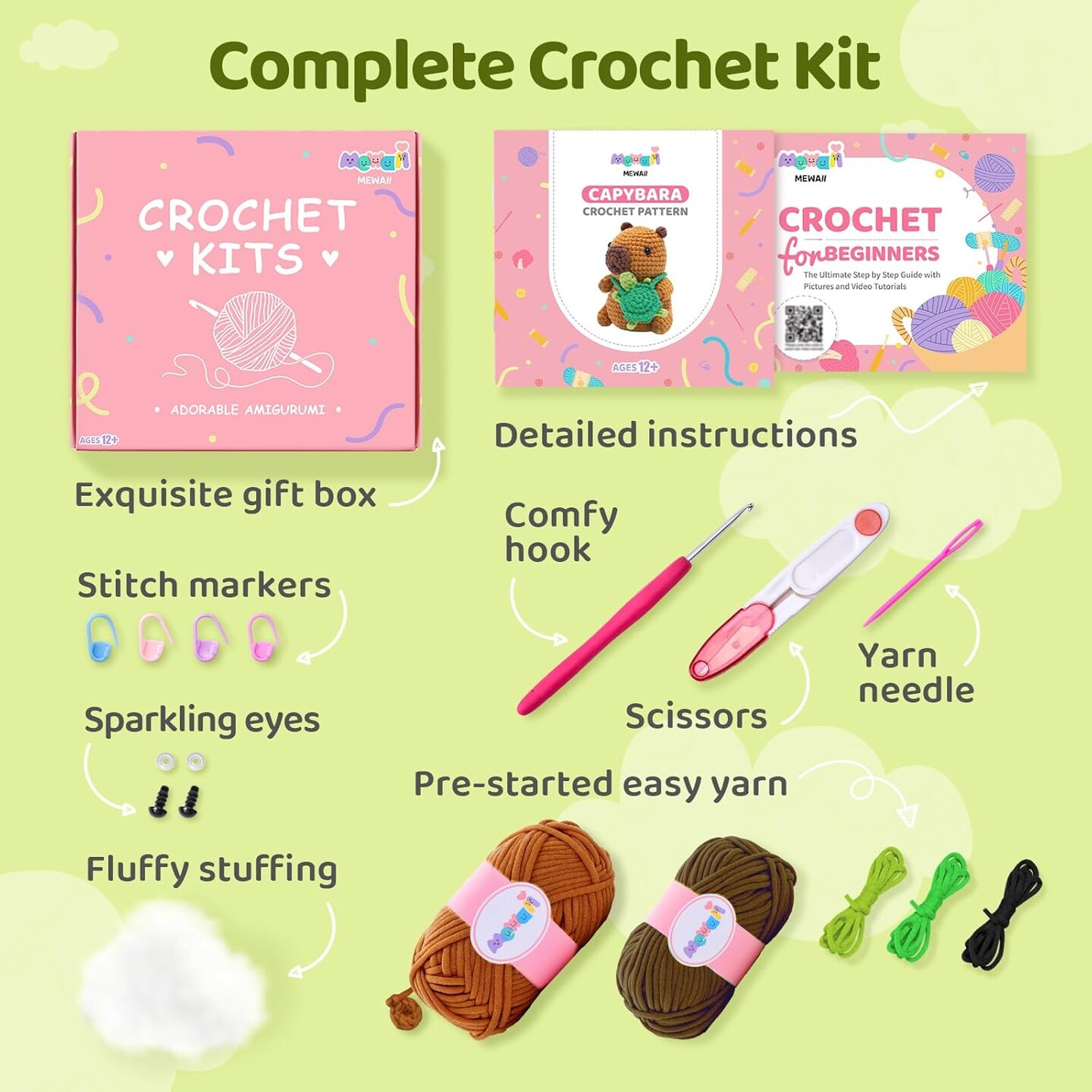 Crochet Kit for Beginners Level 1 with 40% Extra Eco-Friendly Pre-Started Easy Yarn, Step-by-Step Video Tutorials for Adults and Kids (Capybara)