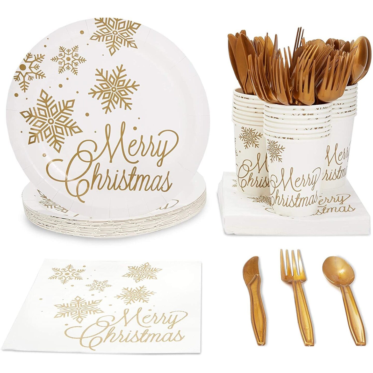 144 Piece Merry Christmas Party Plates, Napkins, Cups, Cutlery, Gold Snowflakes Design (Serves 24)