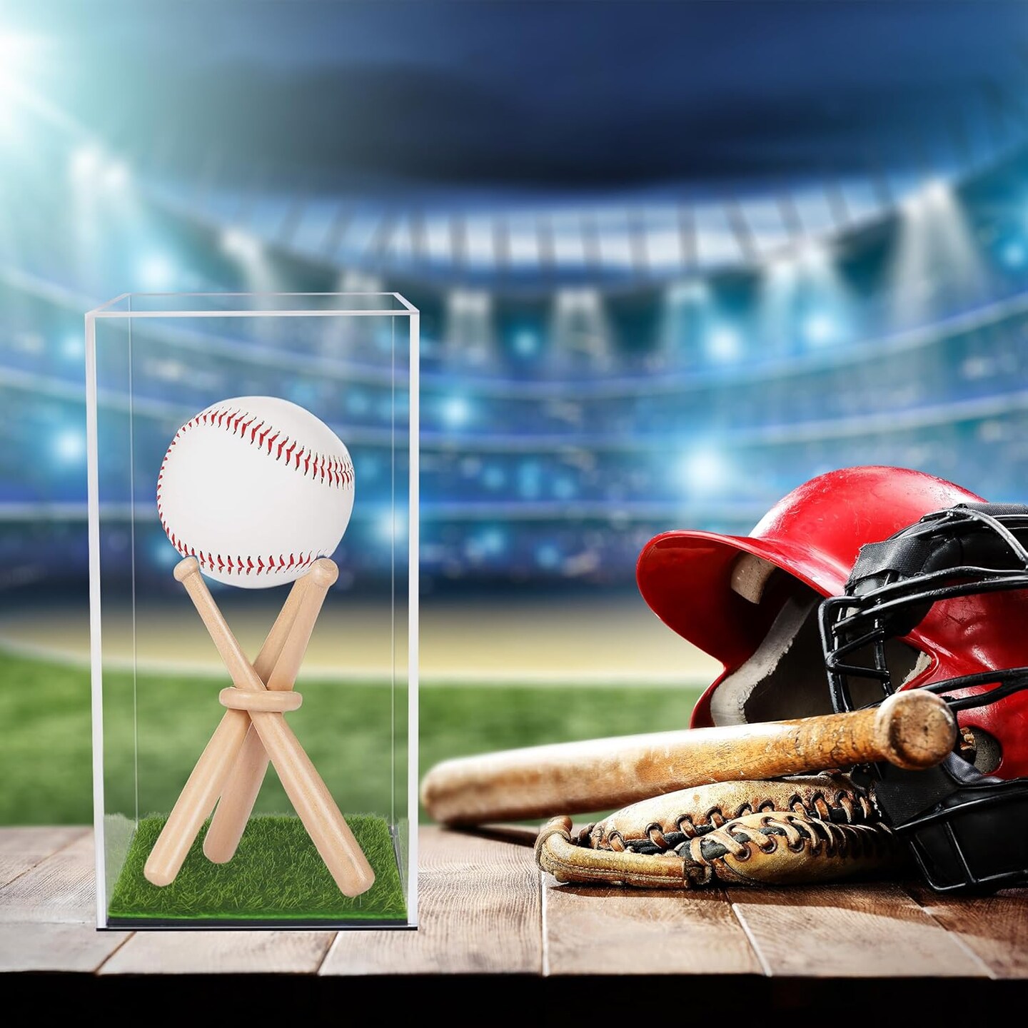 Baseball Display Case with Wood Stand Acrylic Box with Grass Pad Memorabilia Showcase Holder for Autograph Ball Protector Show