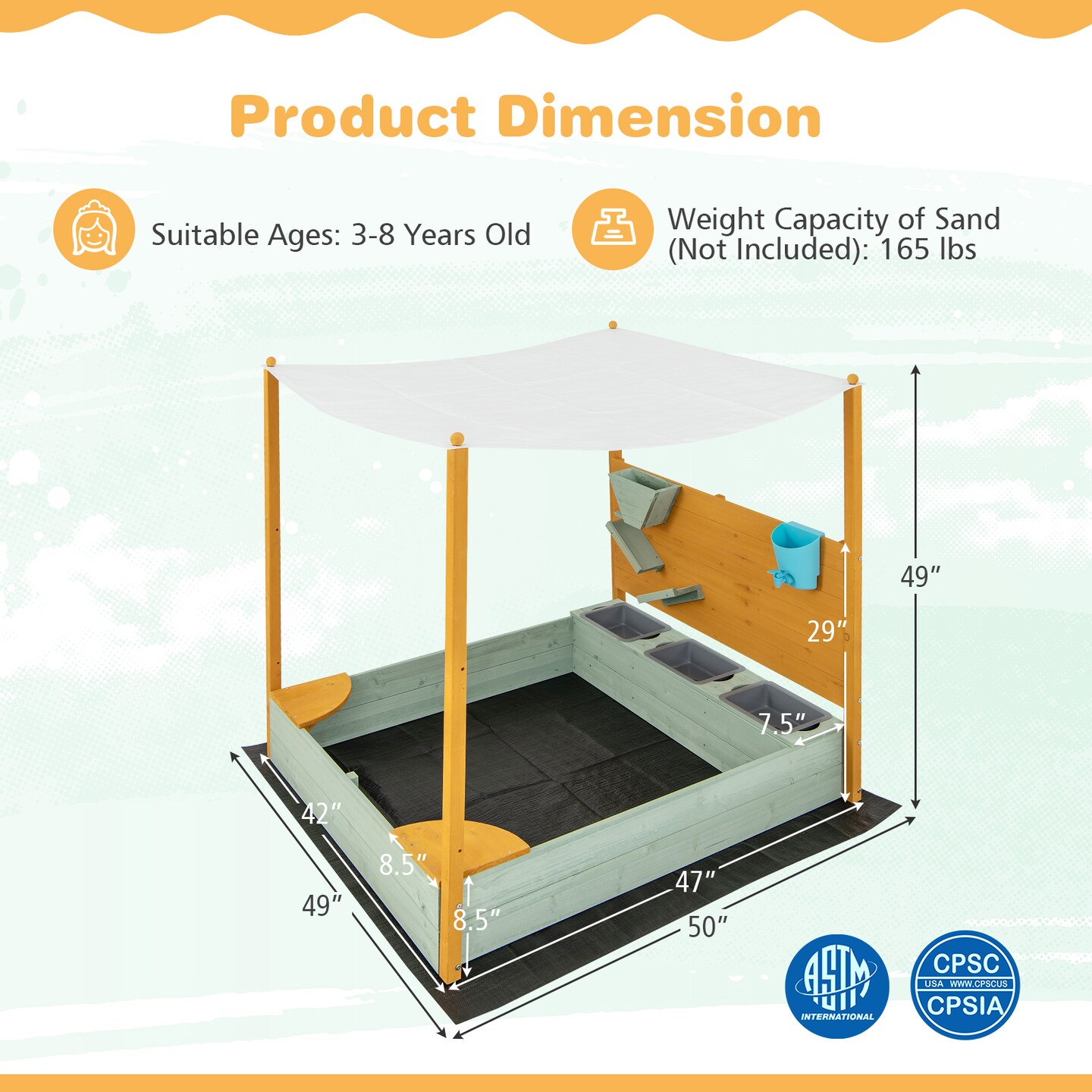 Wooden Sandbox with Sand Wall &#x26; Canopy for Kids 47x42