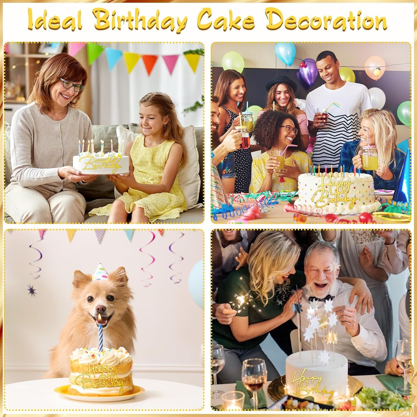 24 Pieces Black Gold Happy Birthday Cake Toppers Mirror Acrylic Cupcake Topper Happy Birthday Sign for Cake Side Cupcake Decorations, 6 Styles