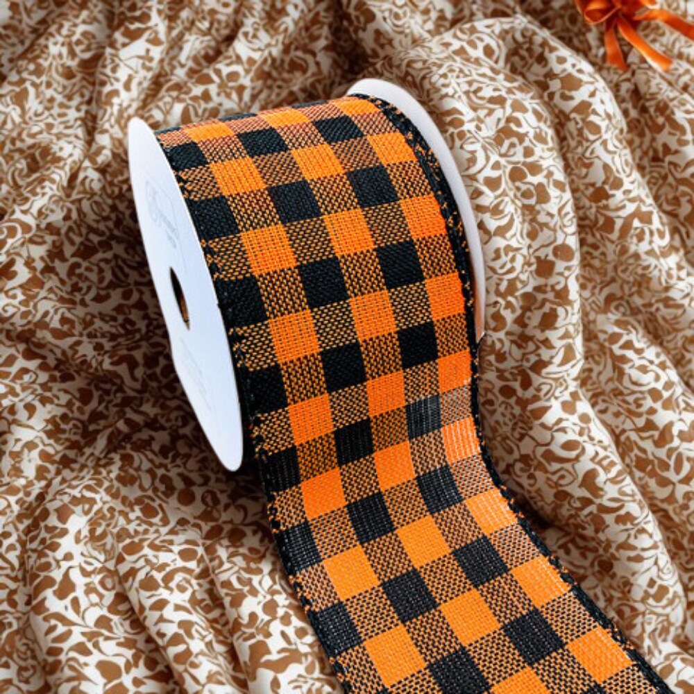 WR 63-5106 2.5&#x201D; x 10 yard Fall Festival Orange / Black Buffalo plaid wired edge ribbons