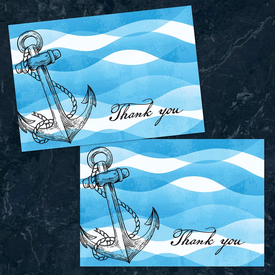 Great Papers! Ocean Nautical Anchor Thank You Note Card and White Envelope, 4.875" x 3.375", 24 count