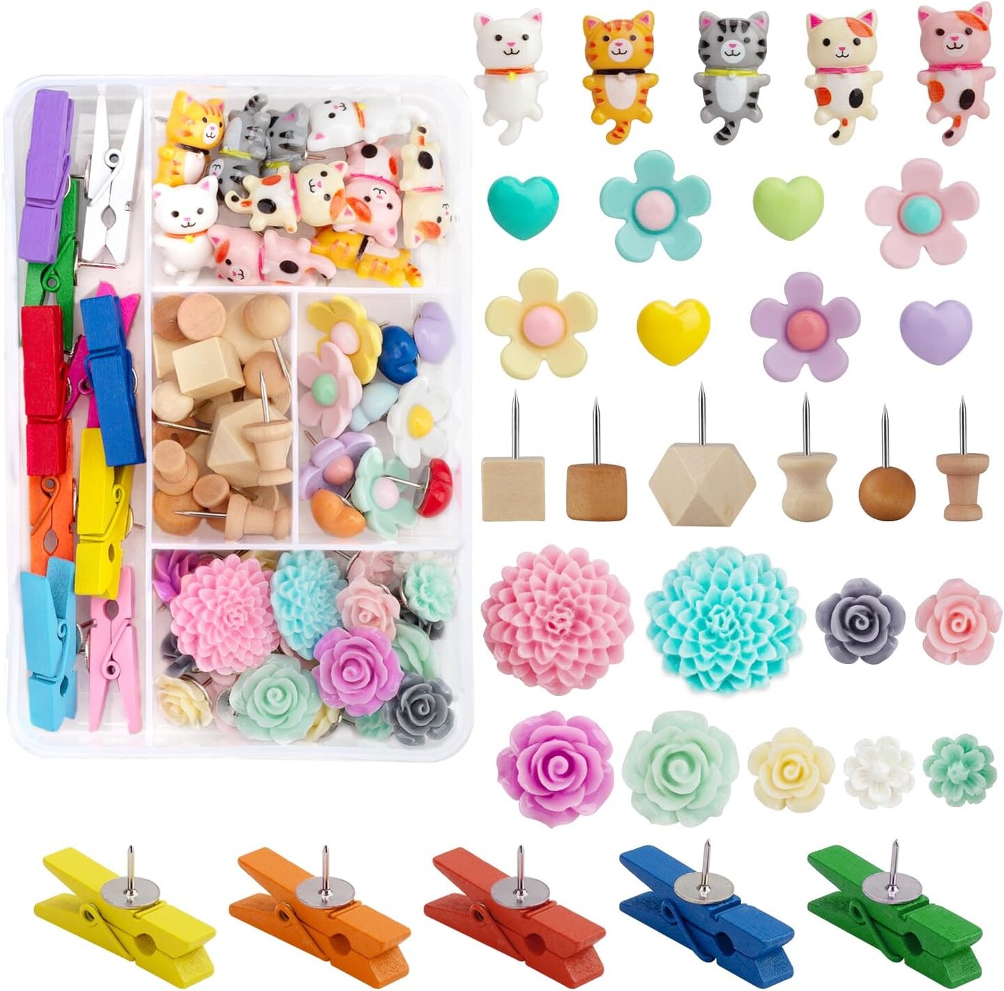 72PCS Push Pins Cute Cat Thumb Tacks Decorative Push Pins Wood Pin Board Tacks Assorted Colors Flower Push Pin Clips for Cork Board Wall Cubicle Accessories for Home Office Cute Desk Accessories