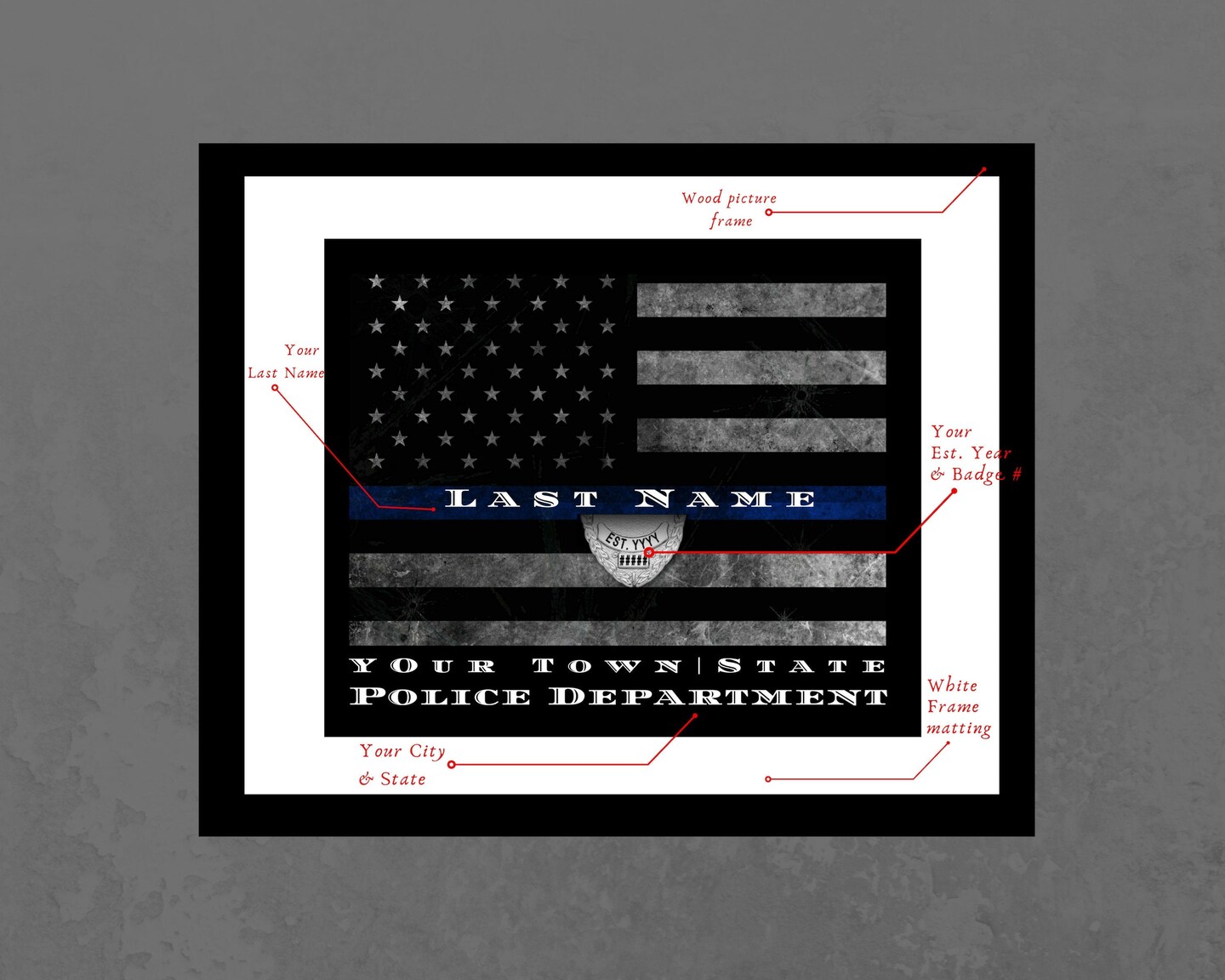 Police Officer Thin Blue Line Flag Picture Frame Art