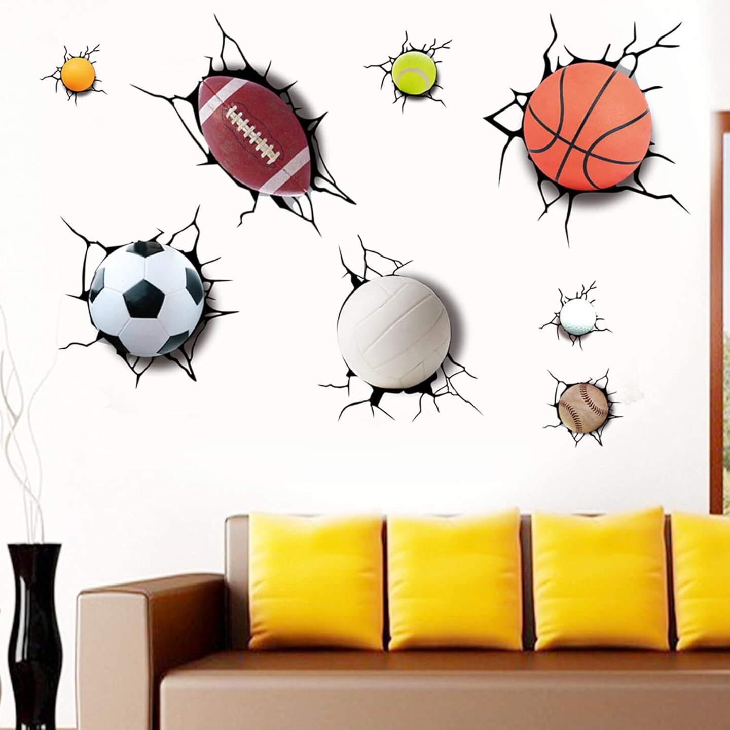 3D Sport Balls Wall Sticker Cracked Wall Sticker for Kids Living Room Decoration Detachable Wall Stickers Including Football, Basketball, Volleyball, Rugby, Tennis, Snooker, Bowling, Baseball