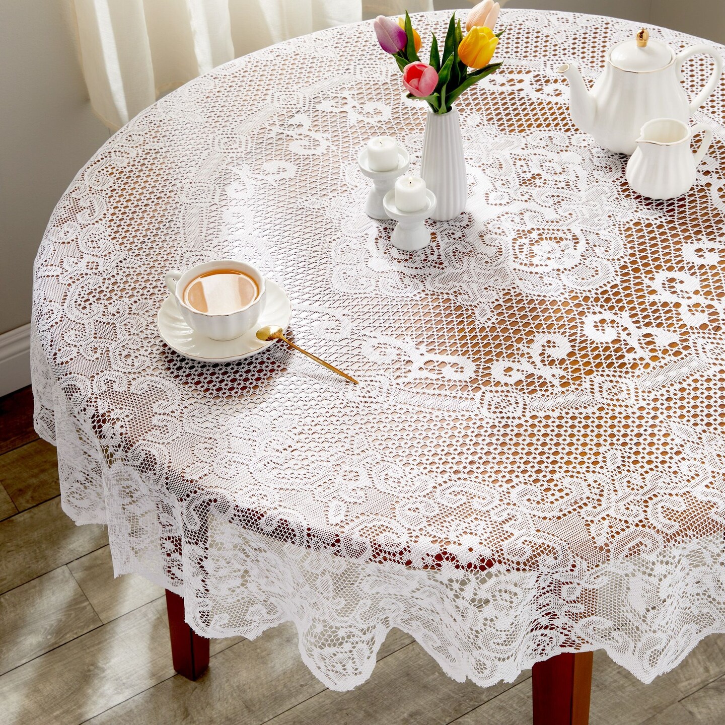 59 Inch Round White Lace Tablecloth, Elegant Table Cover for Wedding Reception and Vintage-Style Decor