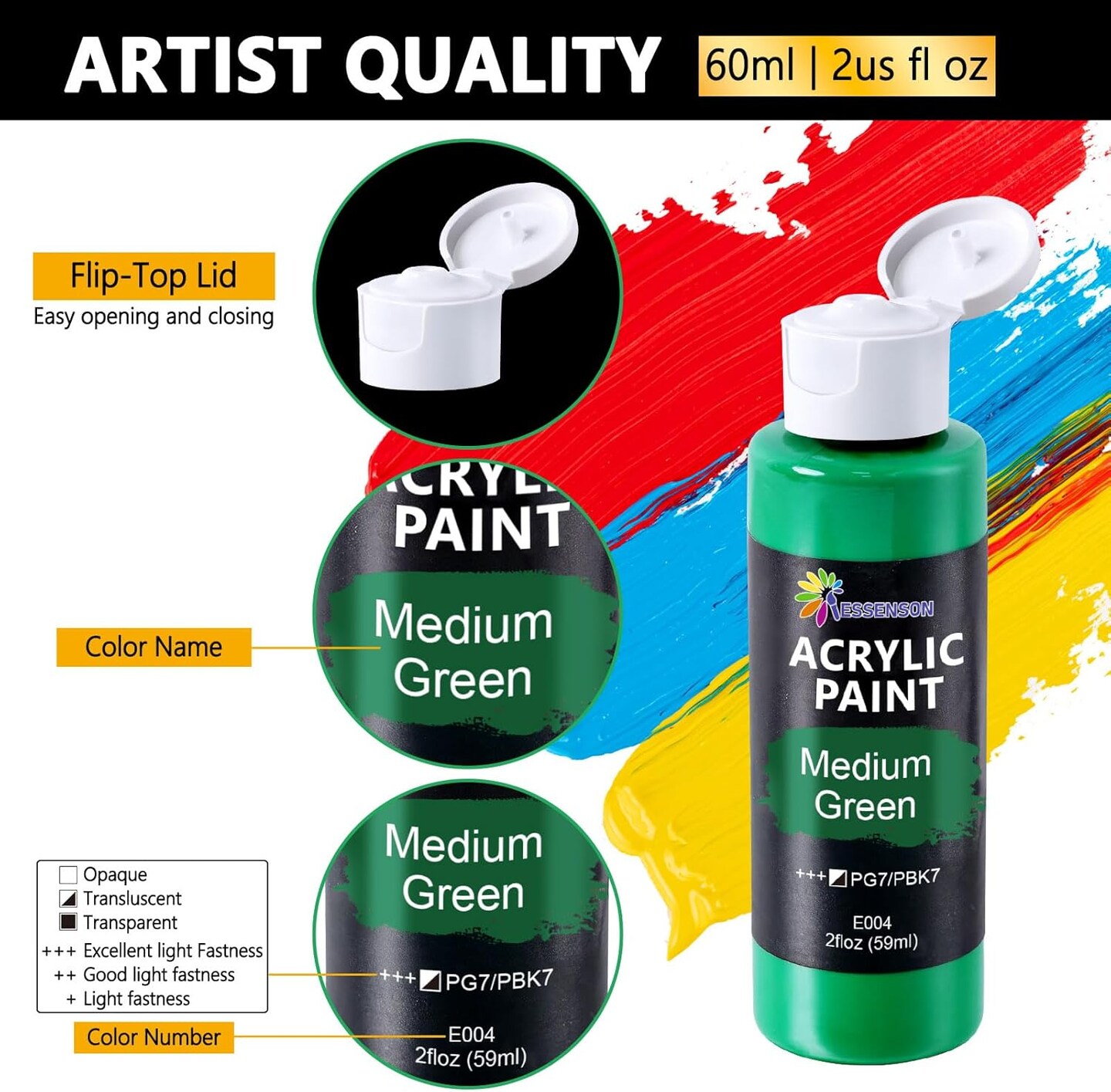 Acrylic Paint, 12 Colors Acrylic Paint Set, 2oz/59ml Bottles, Premium Acrylic Paints for Artists, Kids, Beginners and Adults on Canvas Rocks Wood Ceramic Fabric