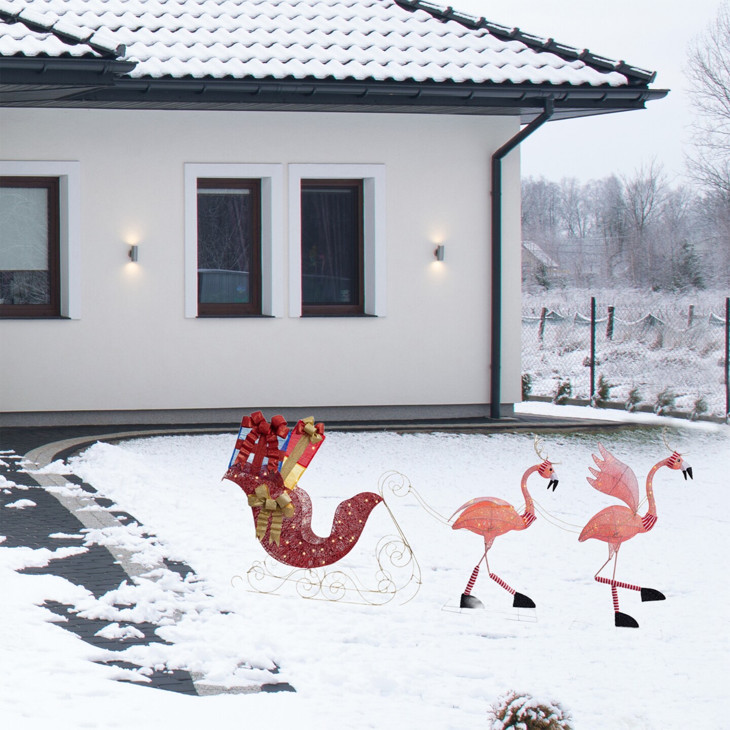 Haute Decor Lighted Christmas Outdoor Flamingo Reindeer with Sleigh Yard Decor - Flamingo Holiday Lawn Display