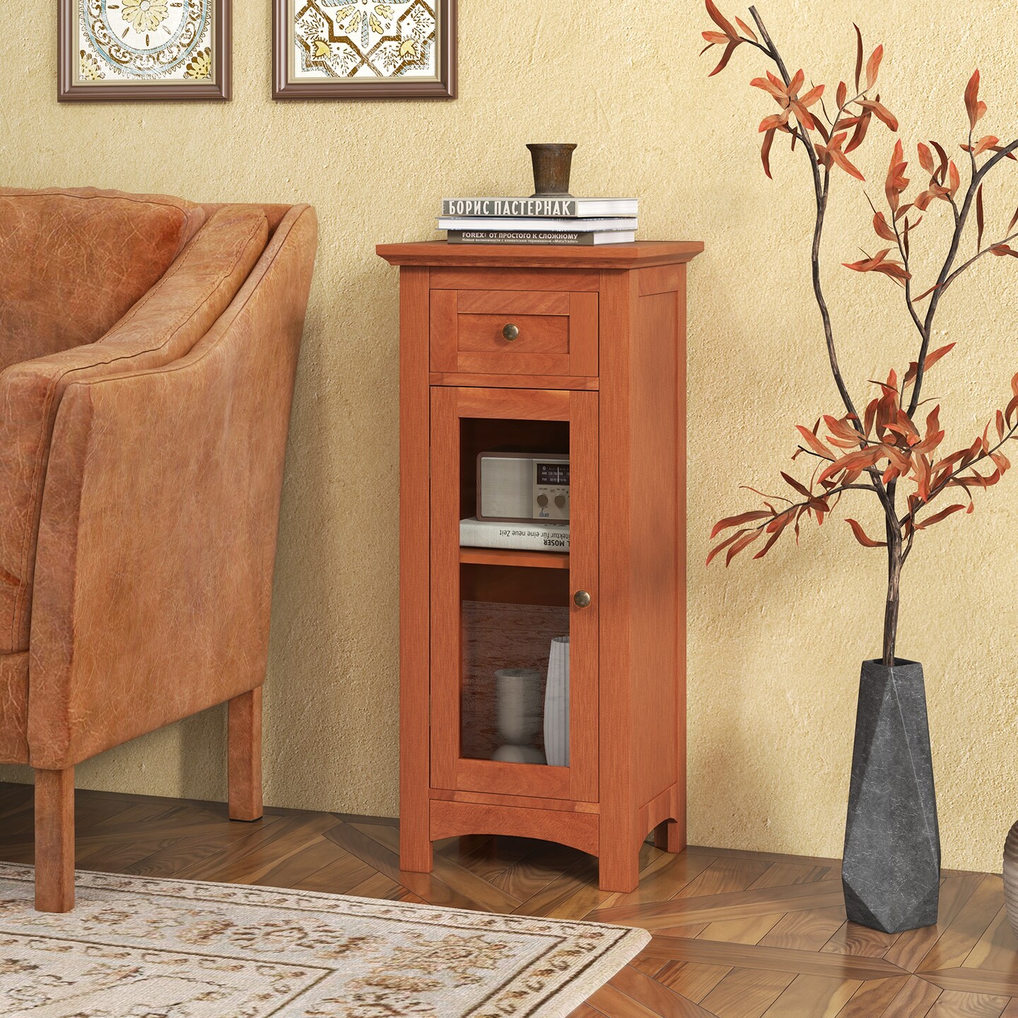MDF Storage Cabinet with Glass Door, Drawer and Adjustable Shelf