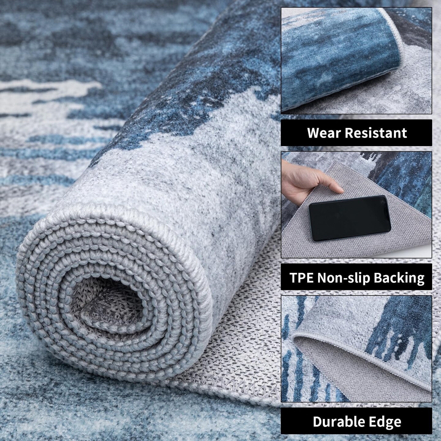 2x6 Washable Runner Rug, Modern Abstract Hallway Rug Runner, Non-Slip Thin Accent Rug Lightweight Navy Grey Print Distressed Carpet Runner for Laundry Entryway Bedroom Kitchen Bathroom Indoor