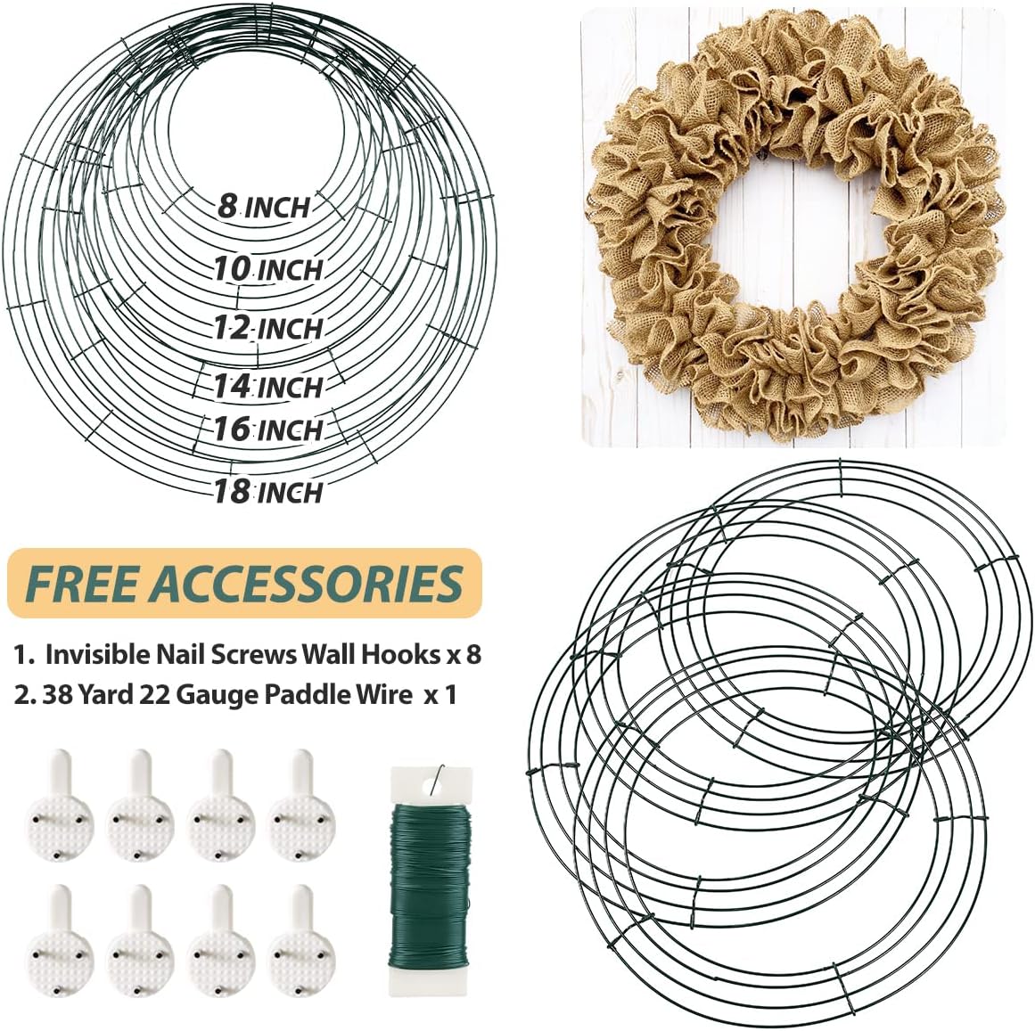 8 Pack Wire Wreath Frame 10 Inch Metal Wreath Form Wreath Ring for Crafts DIY Front Door Wreaths Christmas New Year Wreaths Valentines Wedding Garden Home Party Decoration with 38 Yard Paddle Wire
