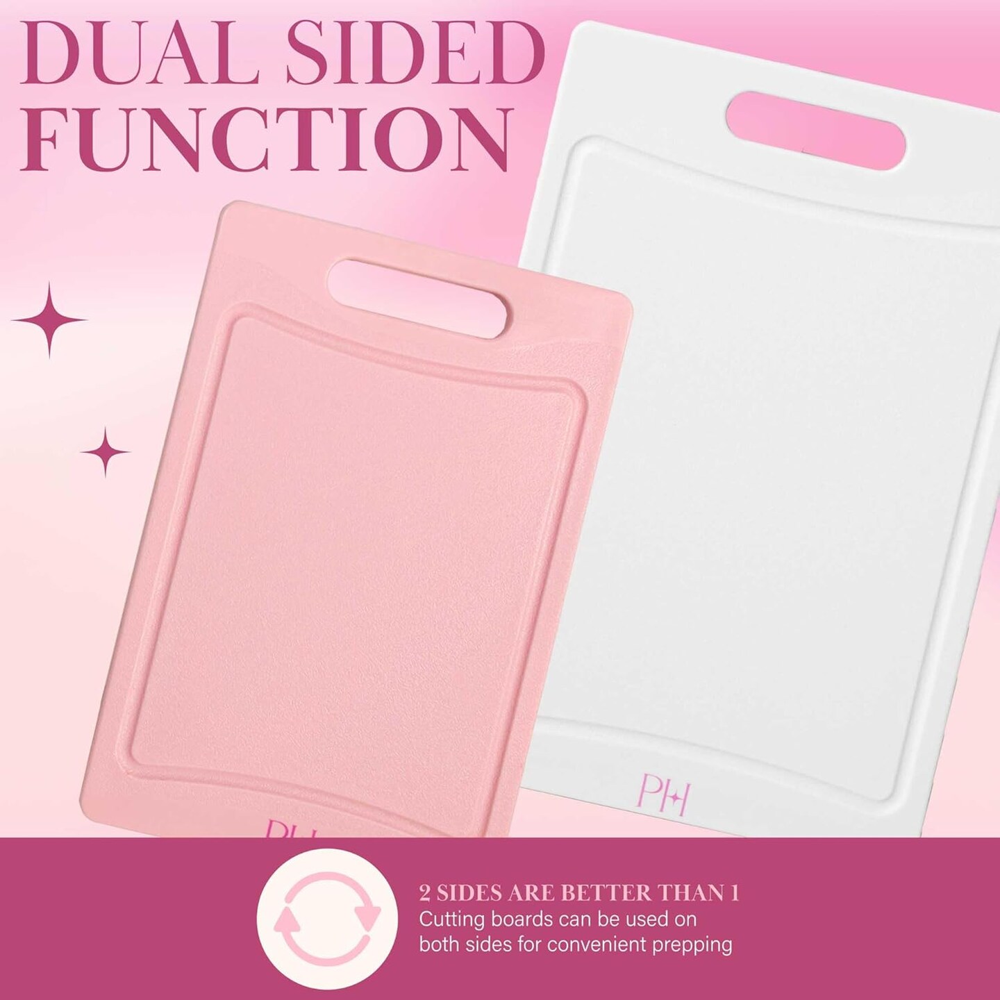 Cutting Boards, Dual-Sided Cutting Board Set with Built-in Juice Grooves, Easy-Grip Handles, Heavy-Duty Plastic Made without BPA, Dishwasher Safe, 3-Piece Set, Pink and Cream