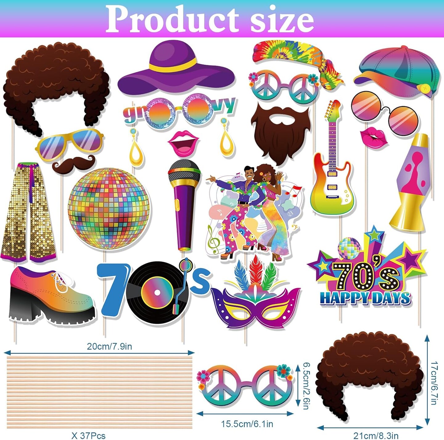 37 PCS 70s Photo Booth Props - 70s Party Decor, Disco Props &#x26; Backdrop