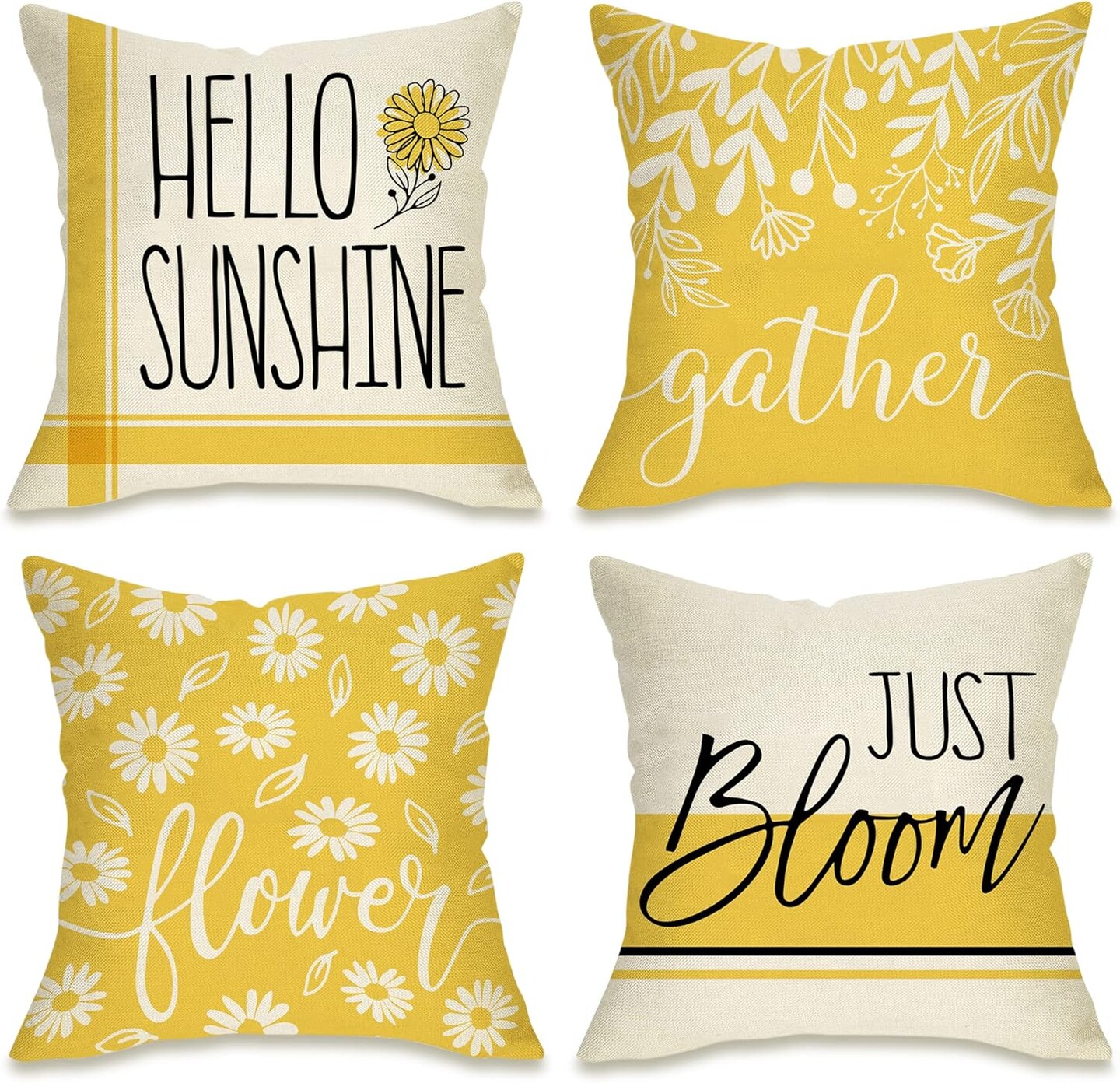 Hello Sunshine Decorative Throw Pillow Cover 20 x 20 Set of 4, Spring Summer Yellow Daisy Floral Flower Porch Patio Outdoor Pillowcase, Just Bloom Gather Sofa Couch Cushion Case