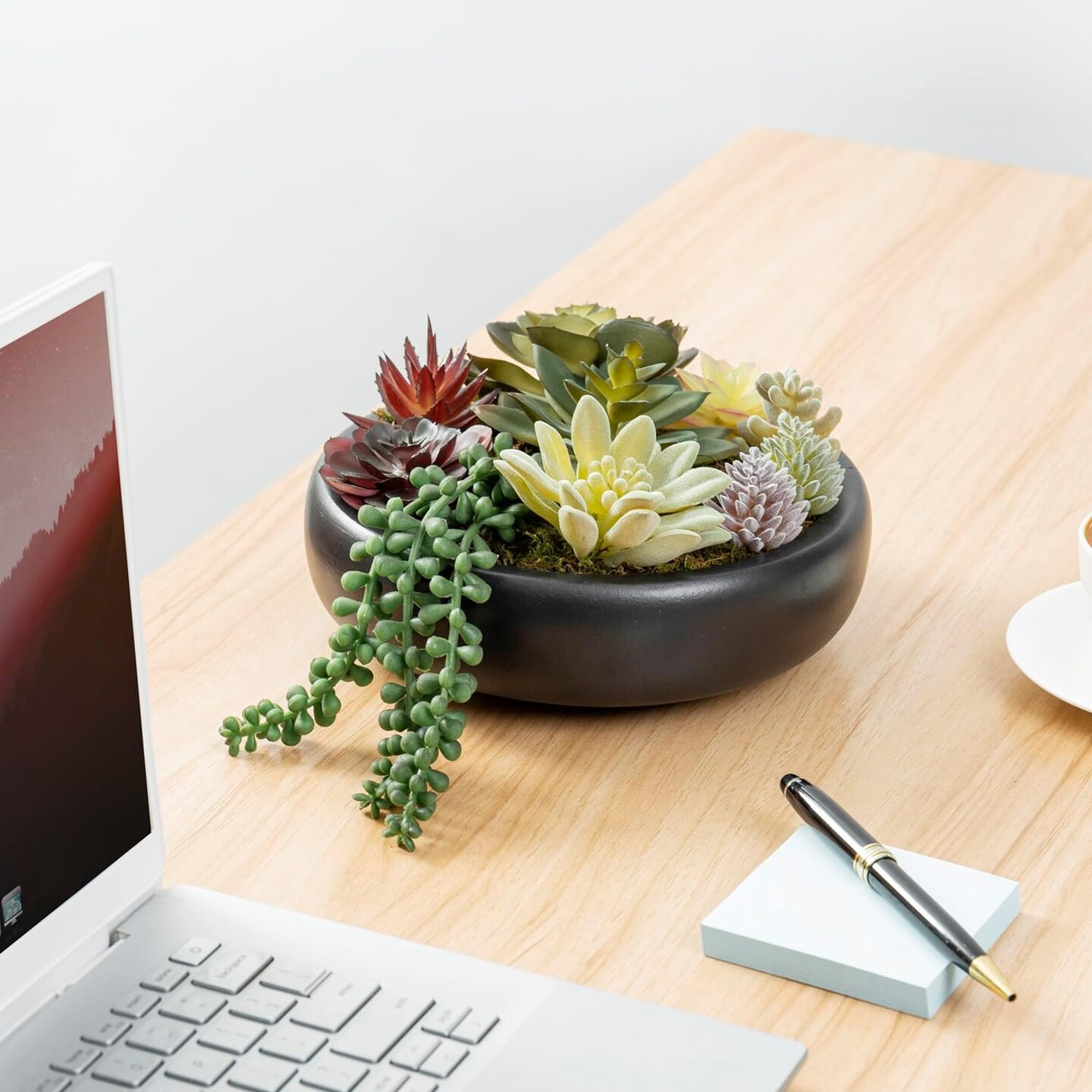 8-Inch Artificial Succulent Plant Arrangement, Assorted Fake Plants in Modern Black Round Concrete Planter Bowl