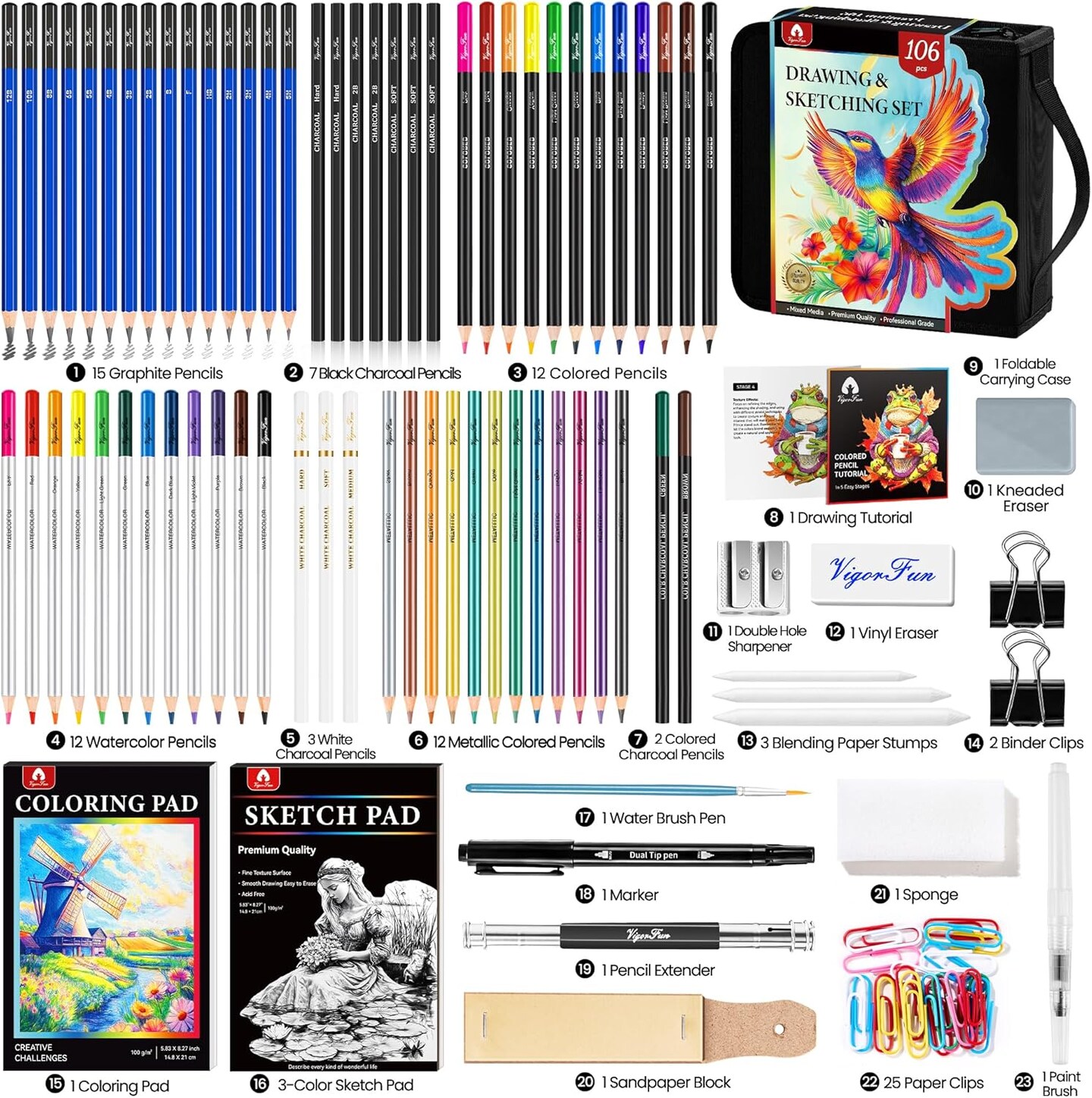 106 PCS Art Supplies Sketching Kit, Pro Drawing Pencils with 3-Color Sketchbook, Coloring Book, Colored Graphite Charcoal Watercolor &#x26; Metallic Pencils, Drawing Supplies Gifts for Artists Adults Kids