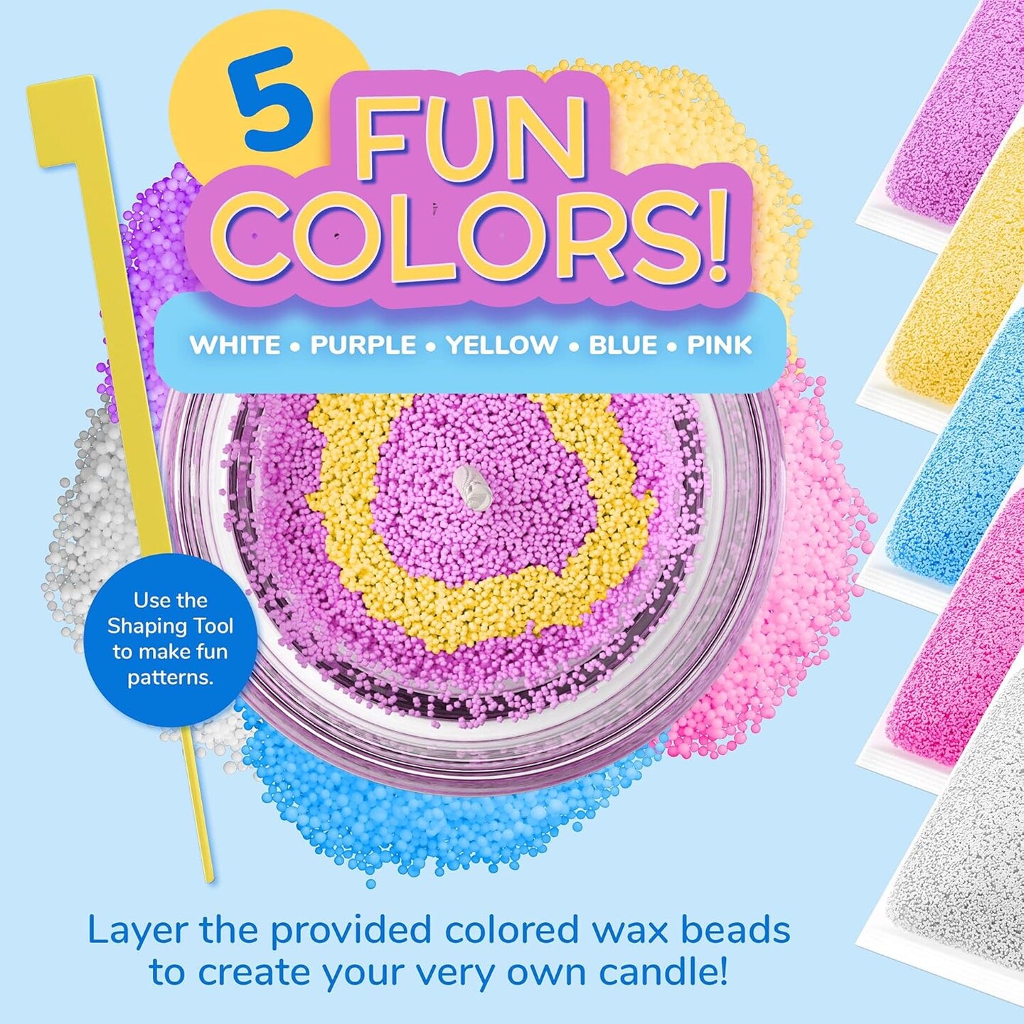 Candle Making Kit for Kids - DIY Kids Candle Making Kit - Design and Make Your Own Candles - Craft Supplies &#x26; Materials - 3 Glass Candle Containers, 3 Wicks, 5 Bags of Colored Wax