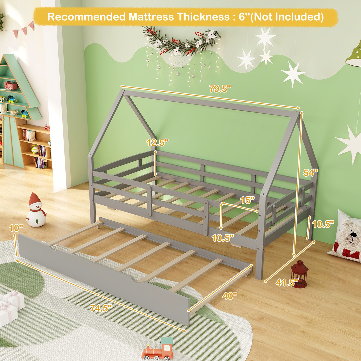 Twin House Bed with Trundle and Fence Rail for Kids Room