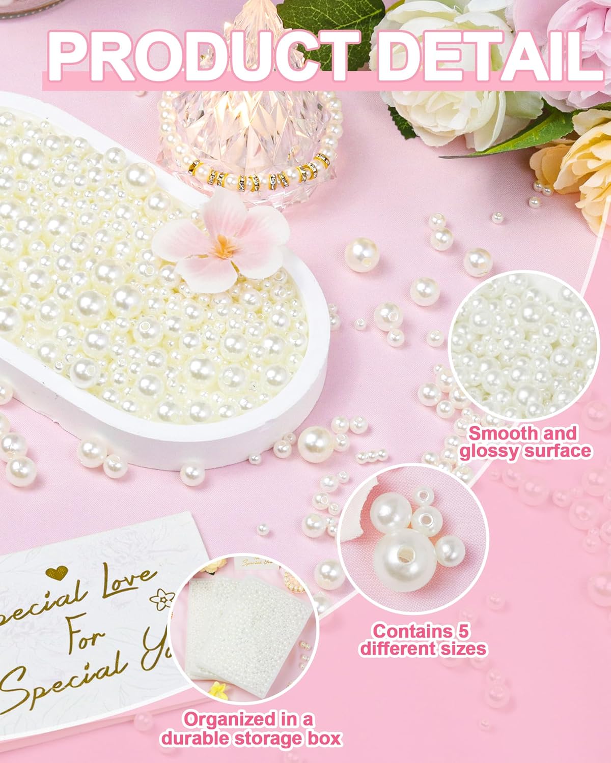 1600 PCS Pearl Beads for Crafts, 6mm White Craft Pearls, Glossy Loose Pearls with Holes for DIY Jewelry, Wedding D&#xE9;cor, and Crafts