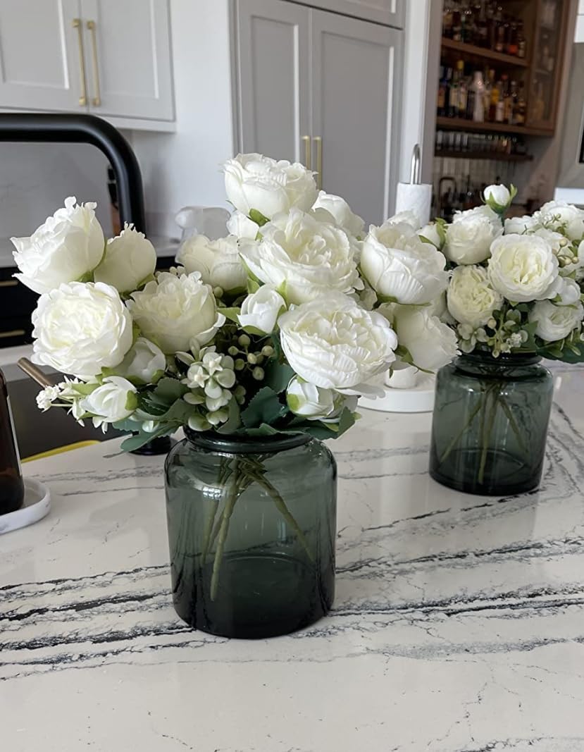 Artificial Summer Tabletop Floral Arrangements Peonies Silk Flowers, White Faux Peony Bouquet 4 Bundles Florals Arrangements Decor