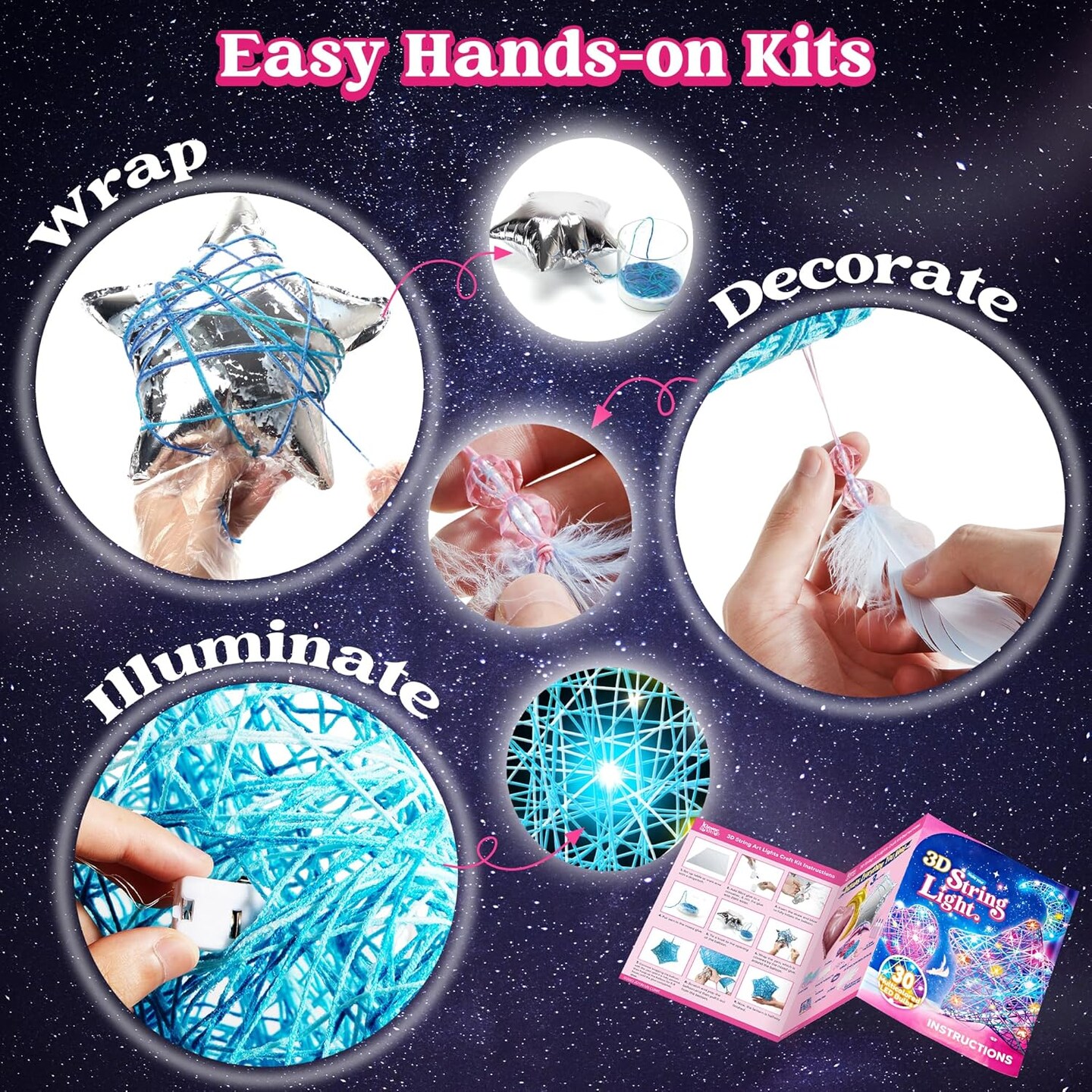Kits 3D Summer String Art Kit for Kids, Light Up String Light Toy with 30 Multi-Colored LED Bulbs, Arts and Crafts Set, Birthday Gifts for Girls and Boys Ages 6+