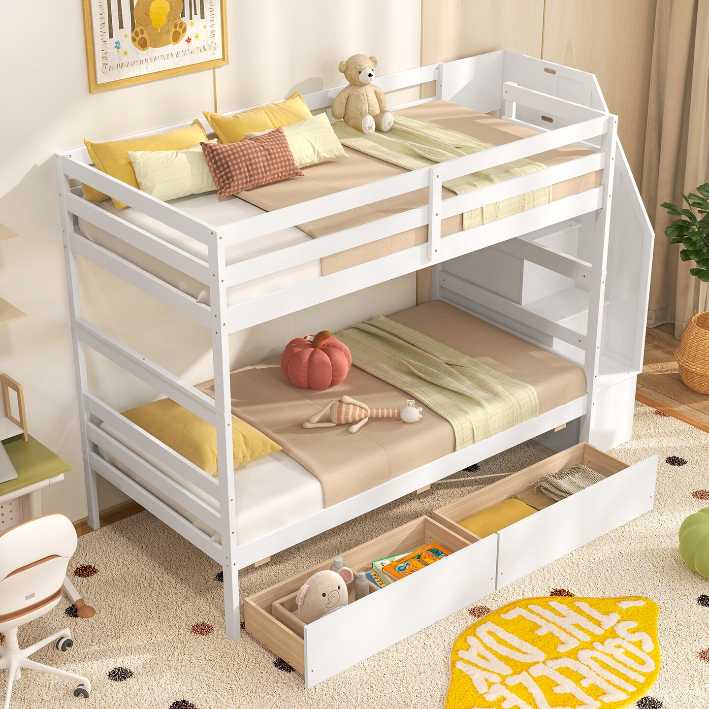 White Twin Over Twin Bunk Bed with Storage Stairs, Drawers and Guardrails