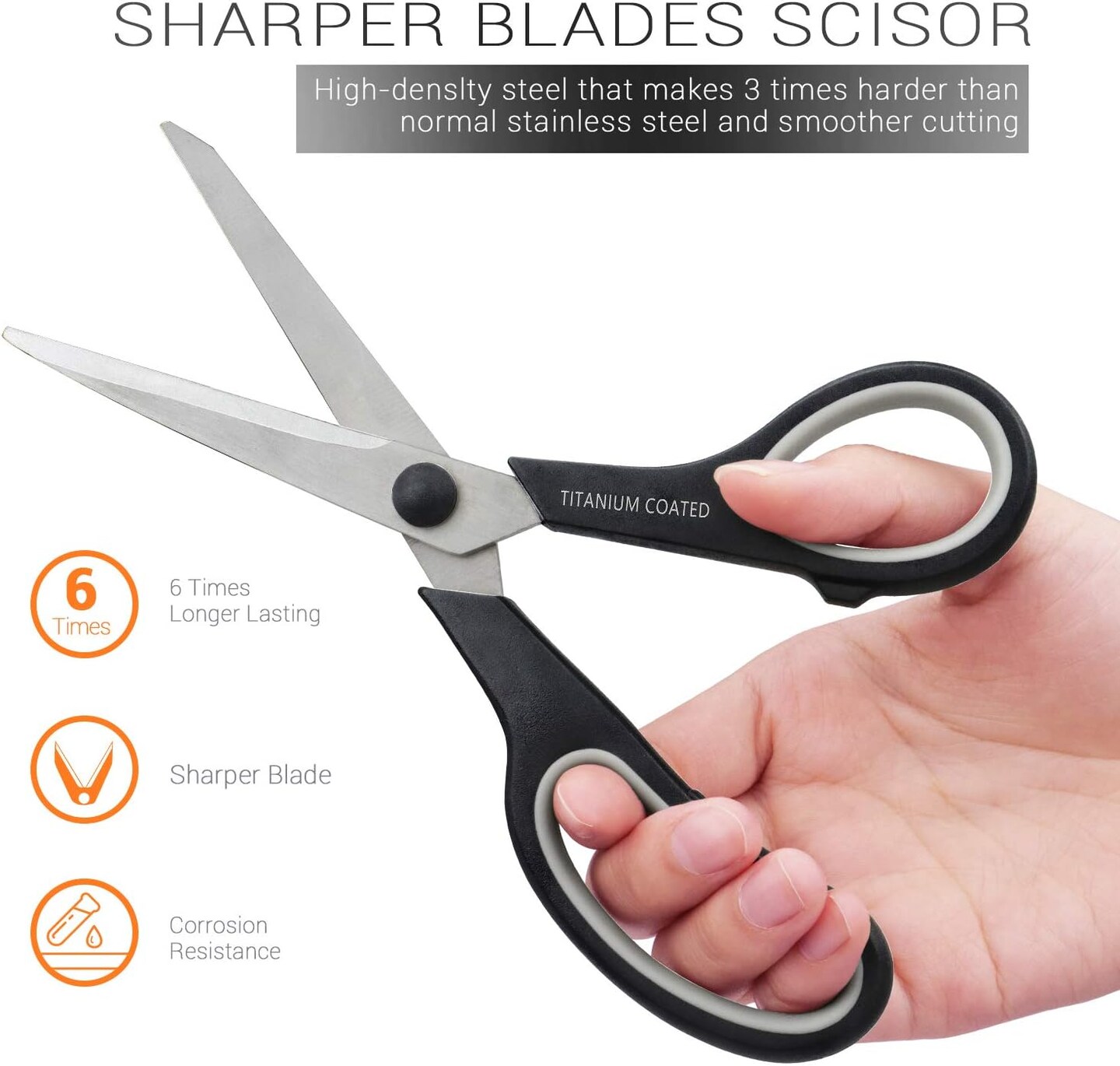8&#x22; Multipurpose Titanium Coated Scissors - Sturdy Sharp Right/Left Handed Comfort-Grip Handles for Office, Home, School, Sewing, Fabric, Craft Supplies - Black