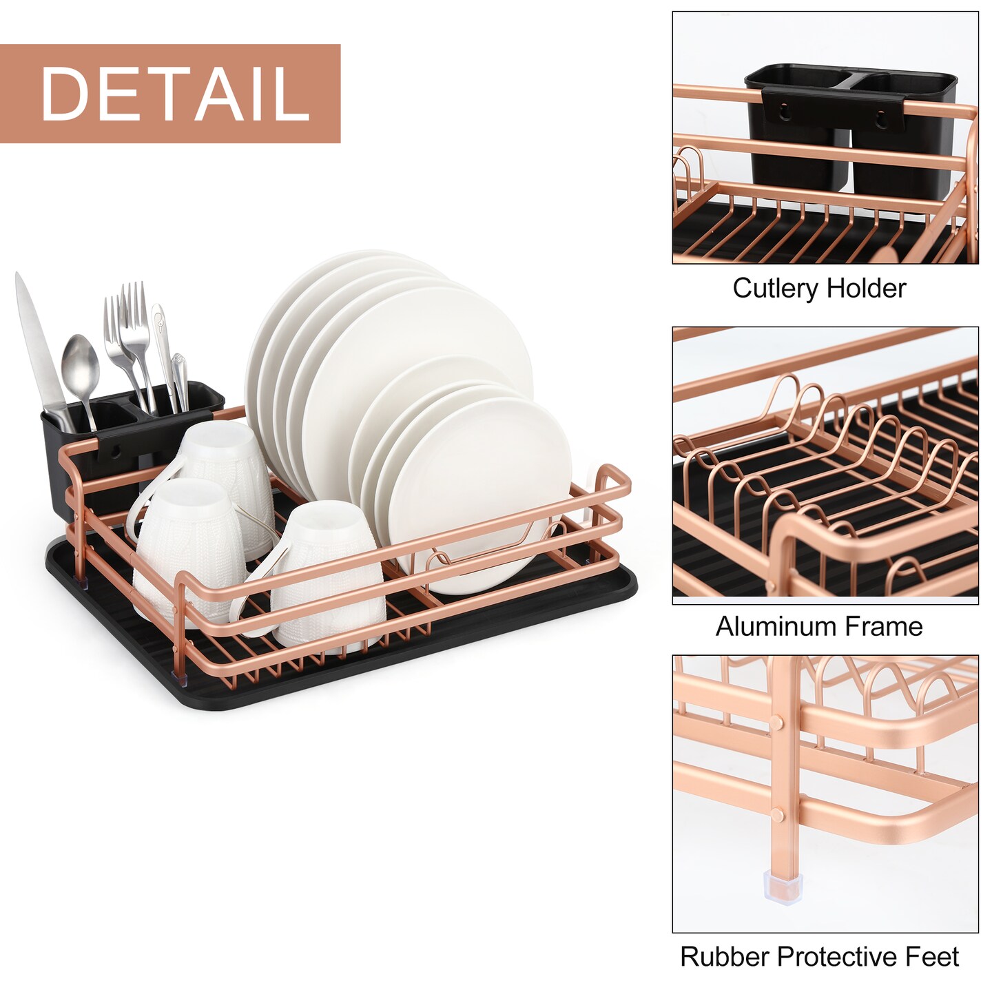Smart Space-Saving Steel Dish Drying Rack with Removable Cutlery Holder & Drainer Tray – Anti-Slip Base – Compact for Apartments (16.92”L x 12.4”W)