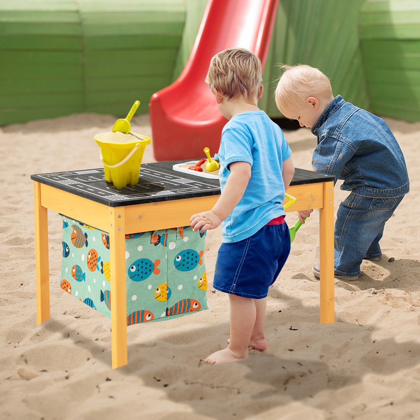Natural Fir Wood Kids Sensory Activity Table with Storage Bins