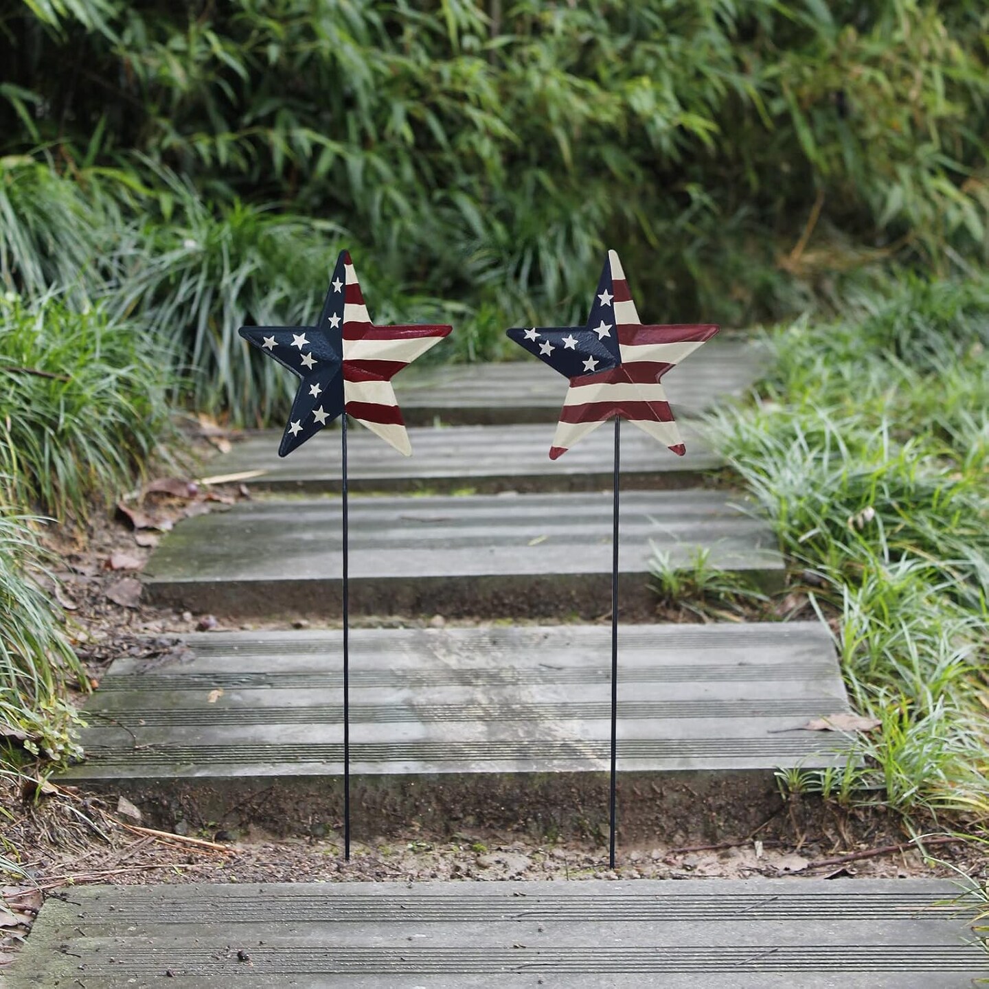Metal Barn Stars Garden Stake Set of 6, American Flag Yard Sign USA Lawn Decoration Indoor Outdoor Patriotic Decor for July 4th Independence Day Memorial Day Party