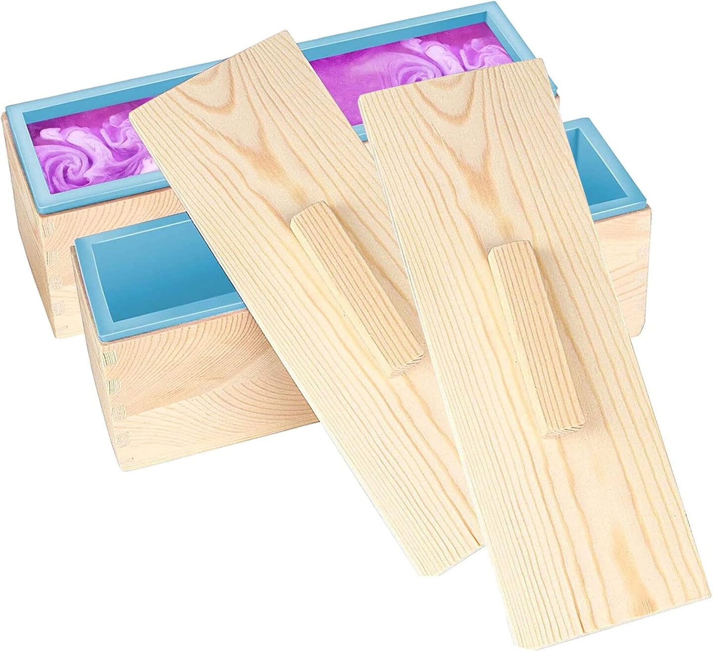 Pack of 2 42oz Blue Soap Molds with 2 Lids, Flexible Rectangular Silicone Soap Making Molds Kit with Wood Box DIY Tool Set for Soap Making Supplies