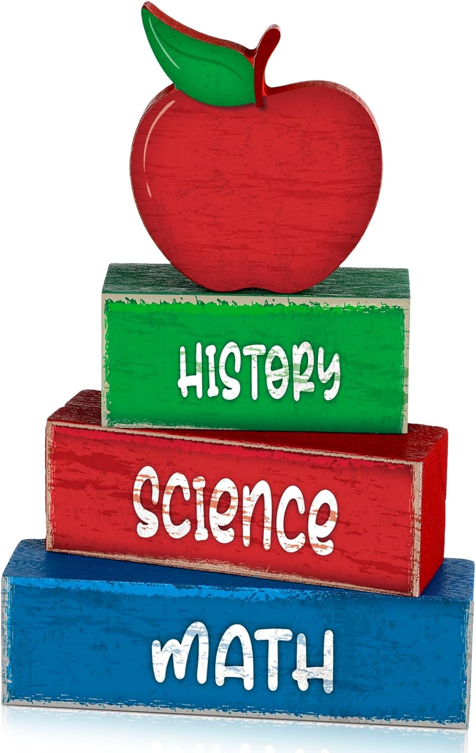 Back-to-school decorations with bus, apple, and rustic wood block sign for tiered tray or mantel.