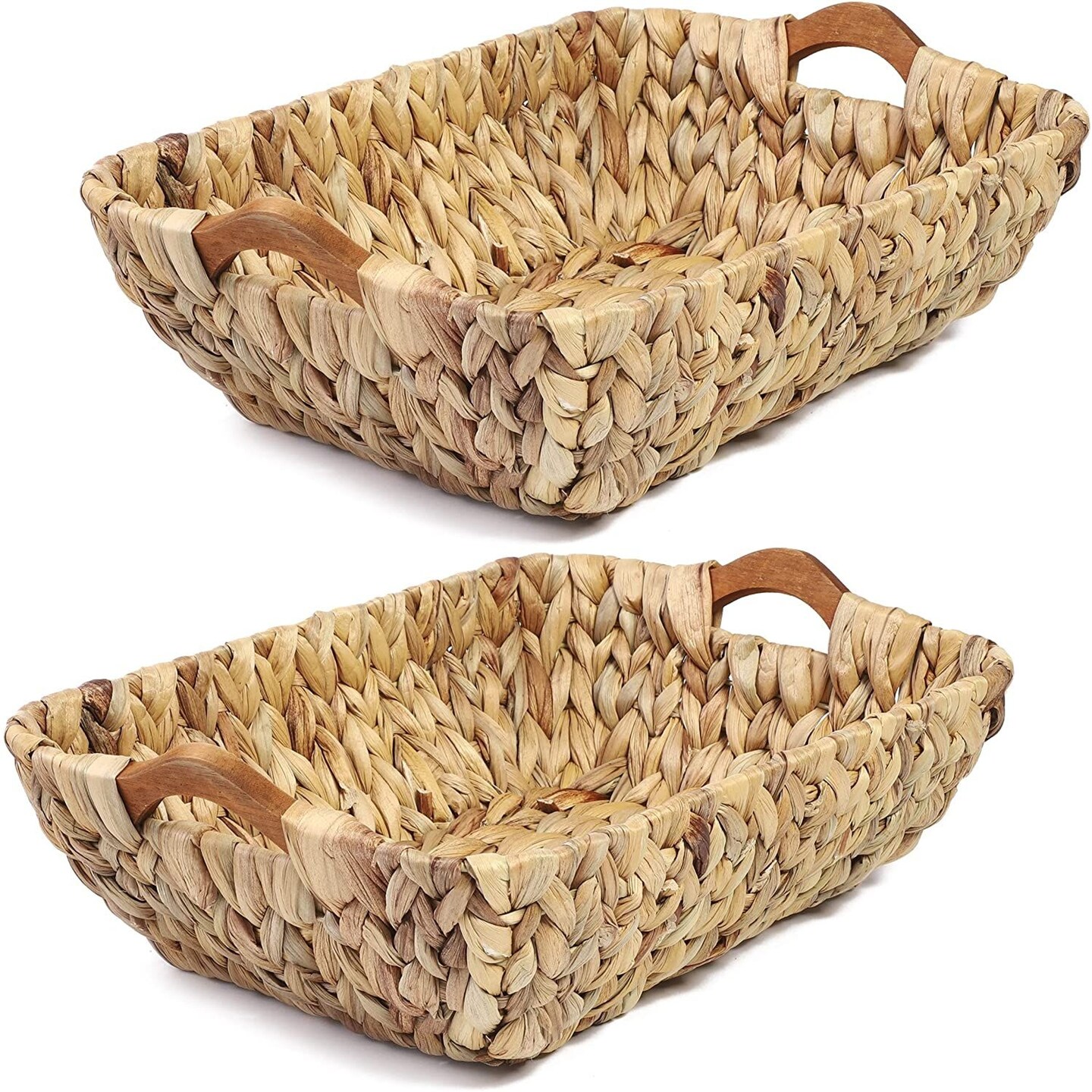2 Pack Water Hyacinth Storage Baskets with Handles, Decorative Wicker Organizers for Shelves, Bathroom (14.5 x 10.5 x 4 In)