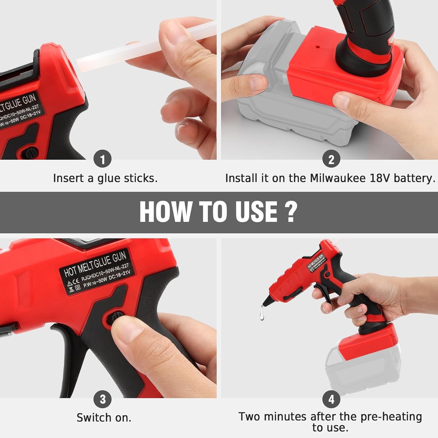 Cordless Hot Glue Gun for Milwaukee 18V Battery, Hot Glue Gun Kit for Milwaukee Tools in Crafting, Wood, PVC, Glass, Home Repair with 30 Pcs 0.27 * 5.9 inch Hot Glue Sticks (Battery Not Included)