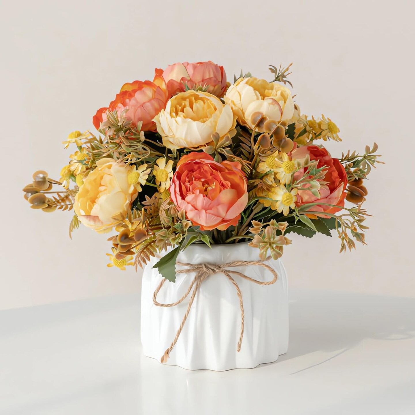 Faux Flowers with Vase,Artificial Silk Flowers in Ceramic Vase,Small Fake Flower Arrangement for Home Office Kitchen Bathroom Coffee Dining Table Centerpiece Decor (Orange,Chrysanthemum)