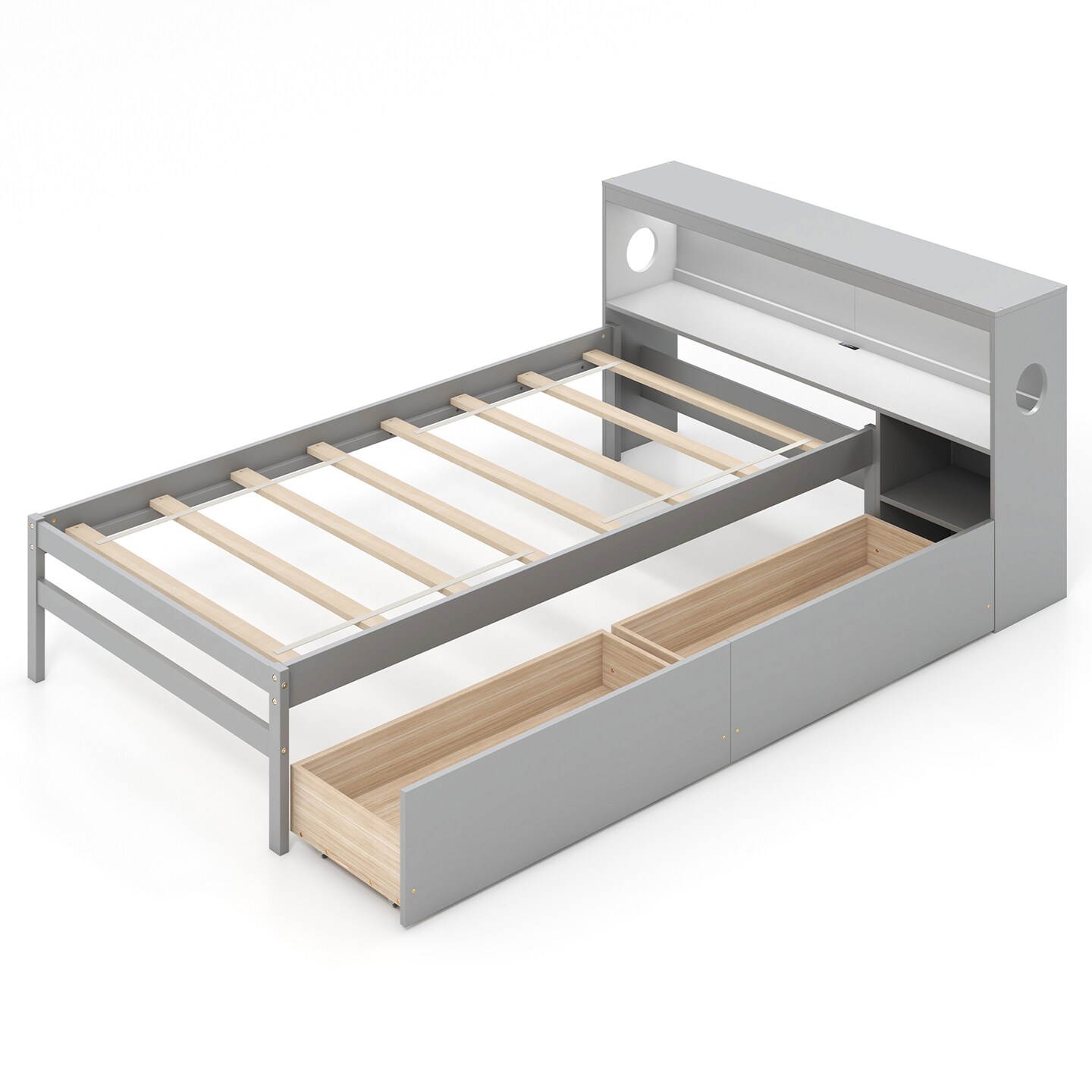 Solid Wood Bed with Storage Headboard, LED Light, USB Ports and Drawers