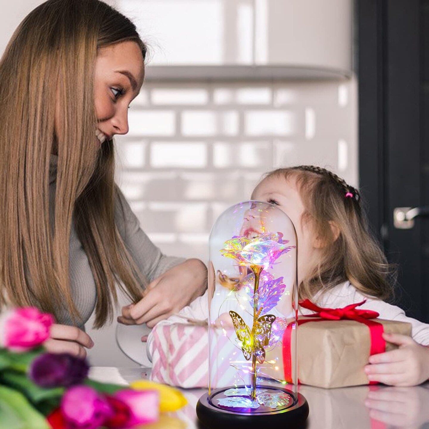 Birthday Gift for Women,Rose Flower Gifts for her,Artificial Flower Lasts in A Glass Dome, Unique Gifts is for Mothers Day,Christmas,Anniversary(Color)
