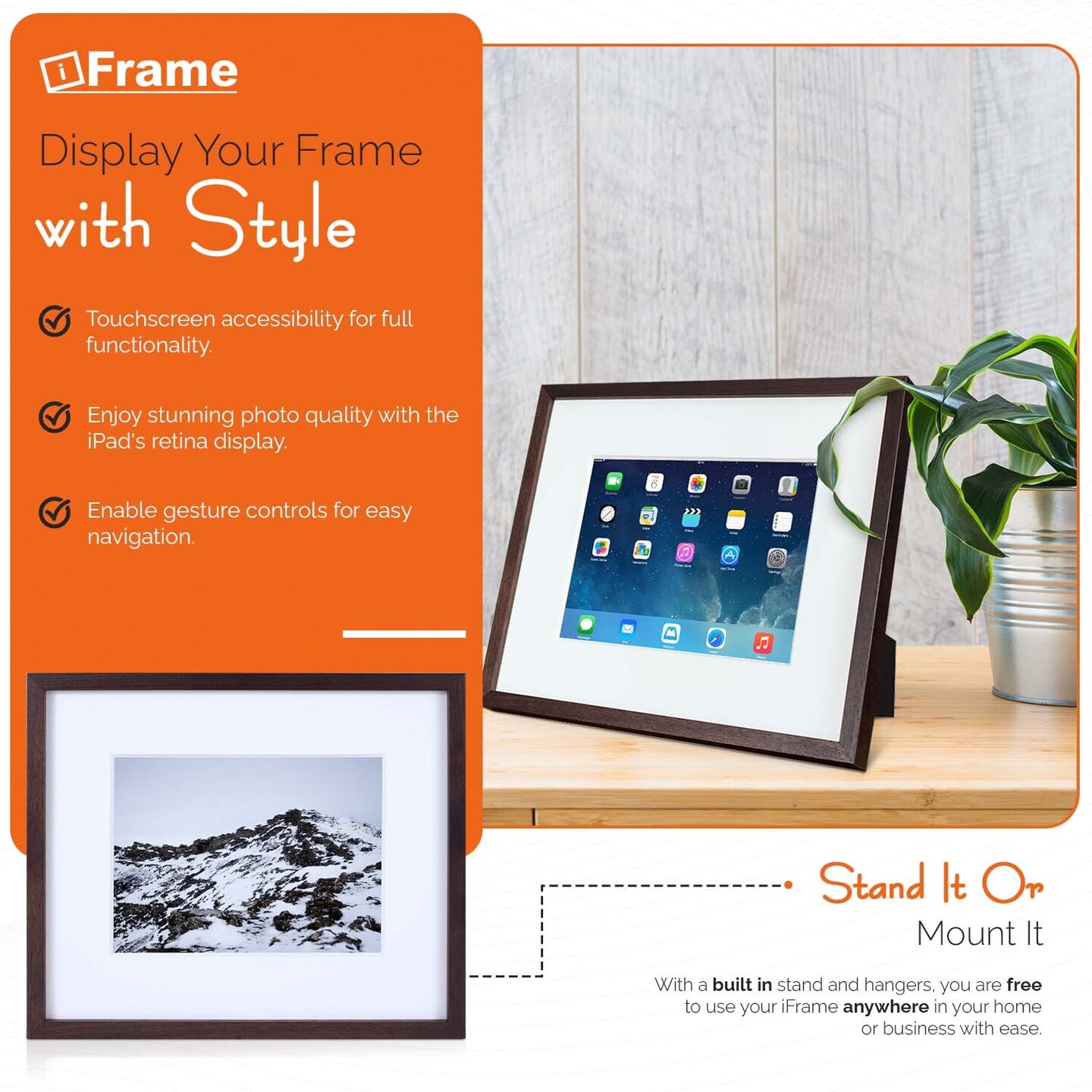 iFrame iPad Frame | Turn Your iPad Into A Beautiful Interactive Digital Picture Frame | Perfect at Home Or Work | Includes Table Stand and Wall Mount for All 9.7&#x201D; iPads