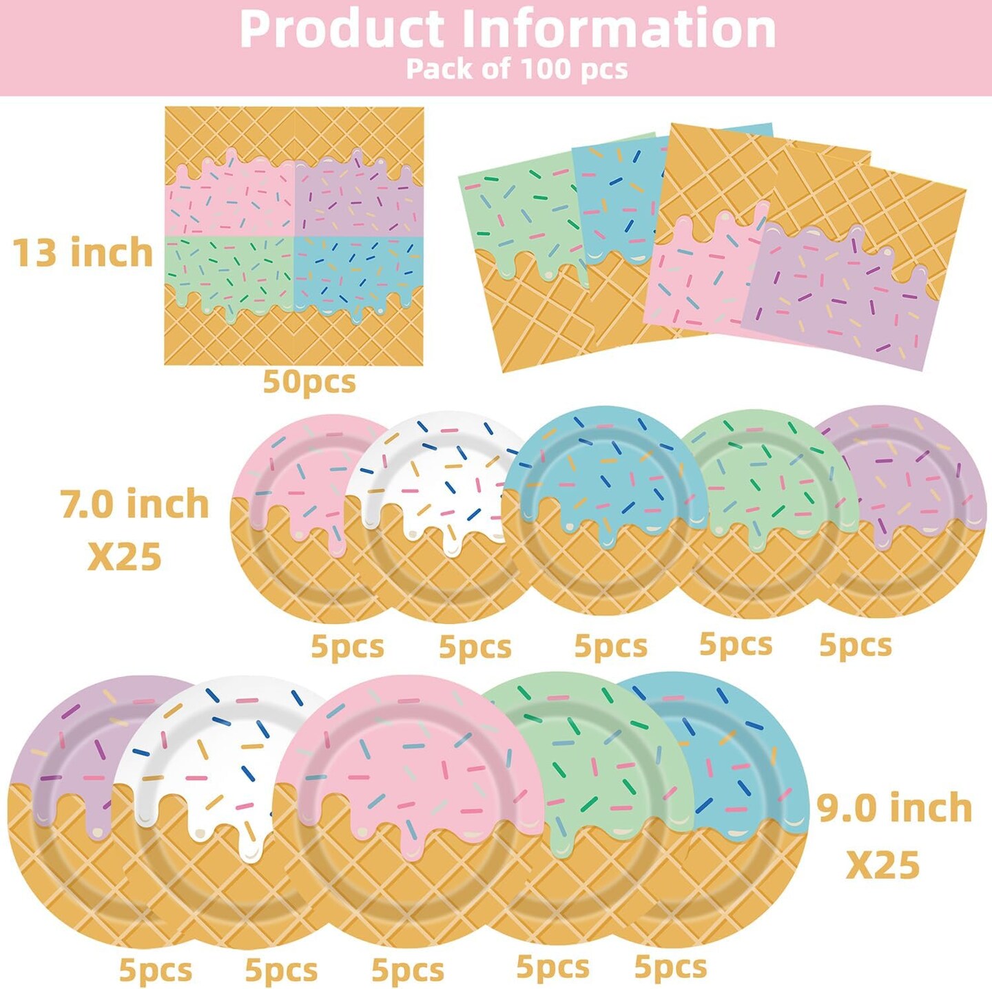 Ice Cream Party Decorations 100Pcs Ice Cream Plates and Napkins for Kids Girls Baby Shower Ice Cream Birthday Party Supplies