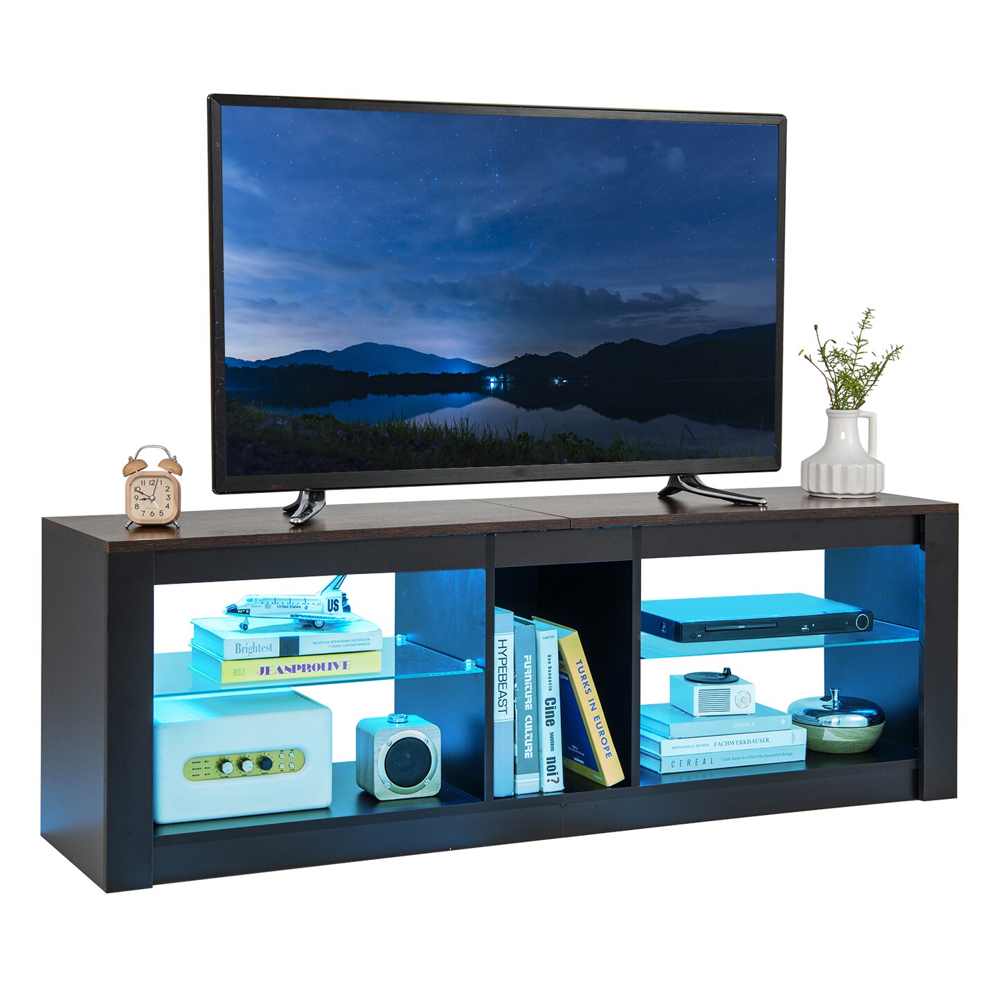 LED TV Stand with Adjustable Glass Shelves, Storage and Remote Control Lighting