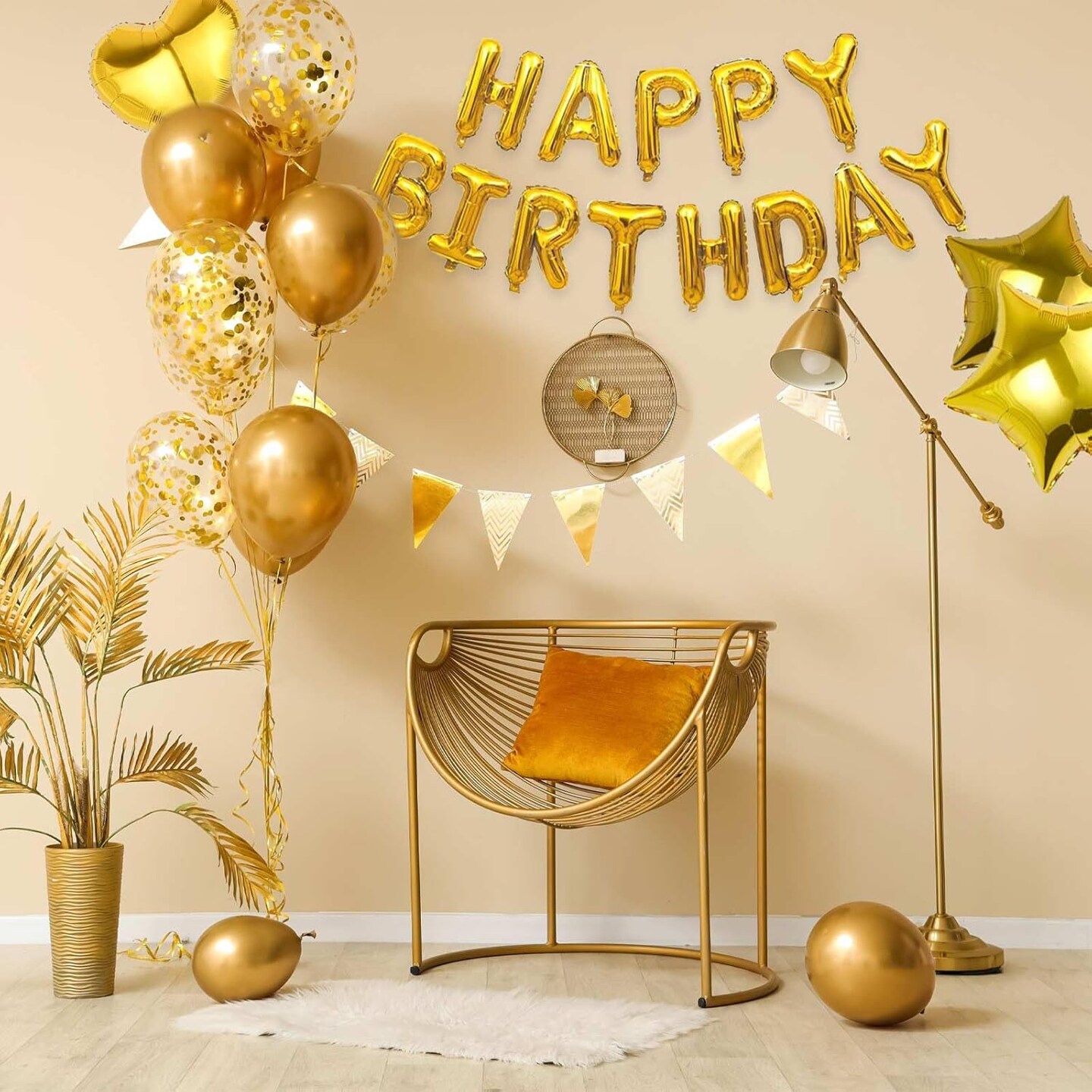 27 Pcs Gold Birthday Decorations, 3D Foil Gold Happy Birthday Balloon Banner
