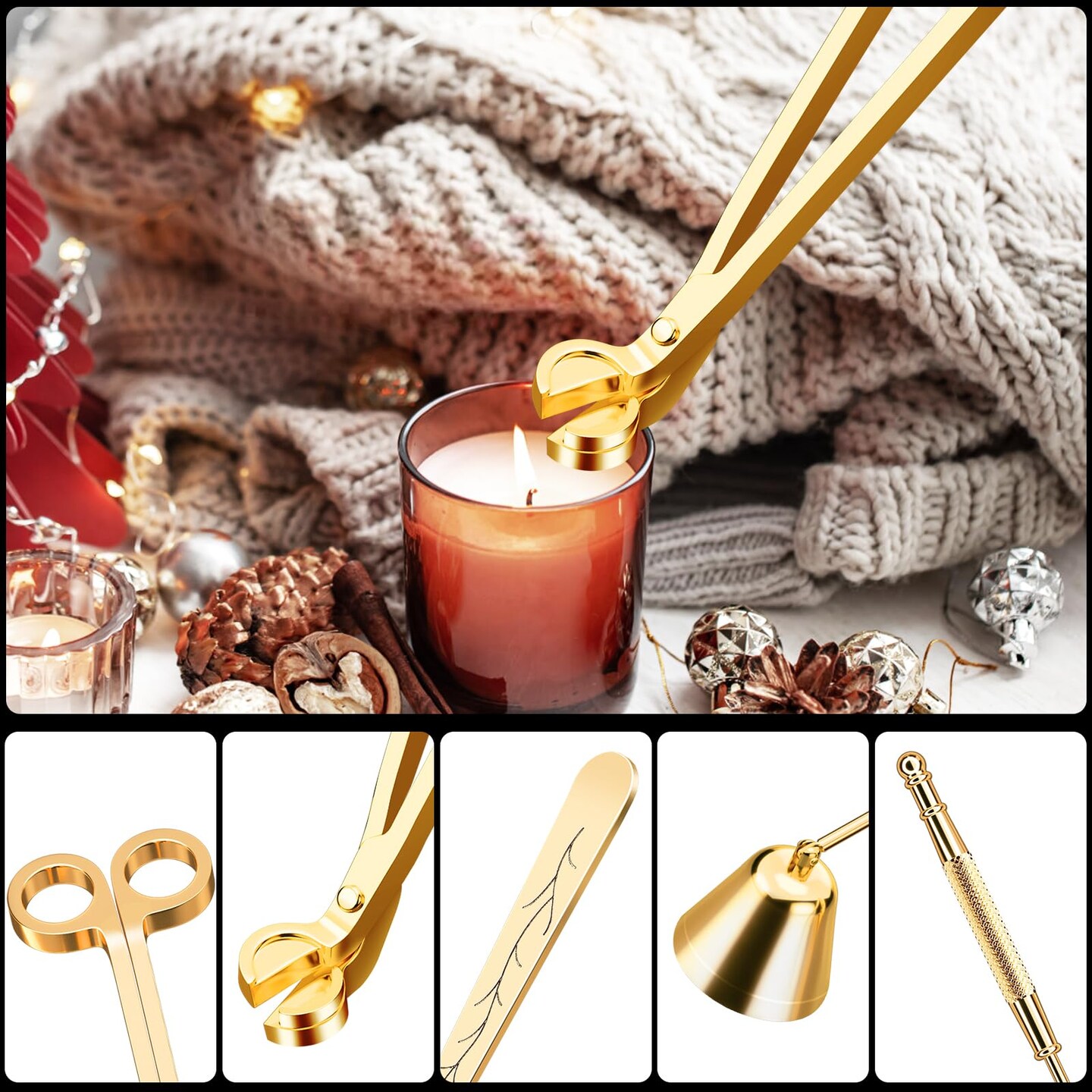 calary Candle Wick Trimmer, Candle Snuffer and Wick Dipper &#x26; Candle Accessory Set, 3 in 1 Candle Care Kit for Candle Lover (Gold)