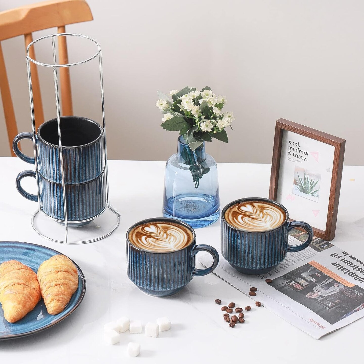 Large Coffee Mug Set of 4, 15oz Stackable Ceramic Ribbed Cups, Navy