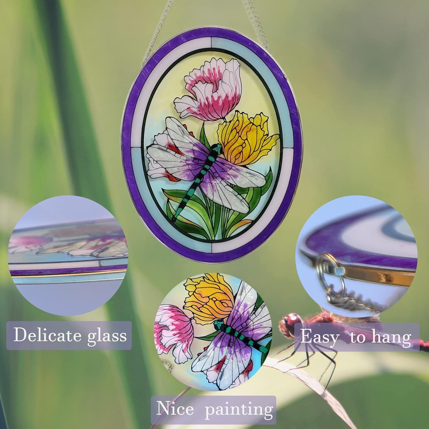 Summer Stained Glass Window Hanging Dragonfly Suncatchers 10 Inch Glass Panel Sun Catchers Indoor Window Wall Art, Stained Glass Dragonfly Light Catchers for Windows Handmade Glass Art Gift